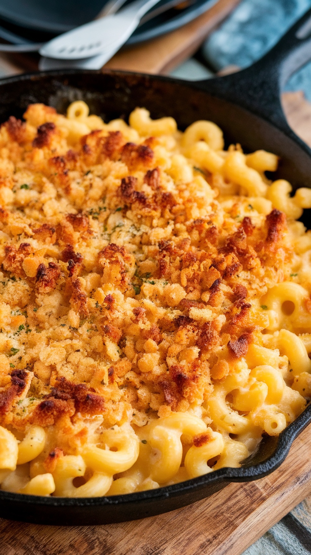 A close-up of baked mac and cheese with a crispy topping in a cast iron skillet.