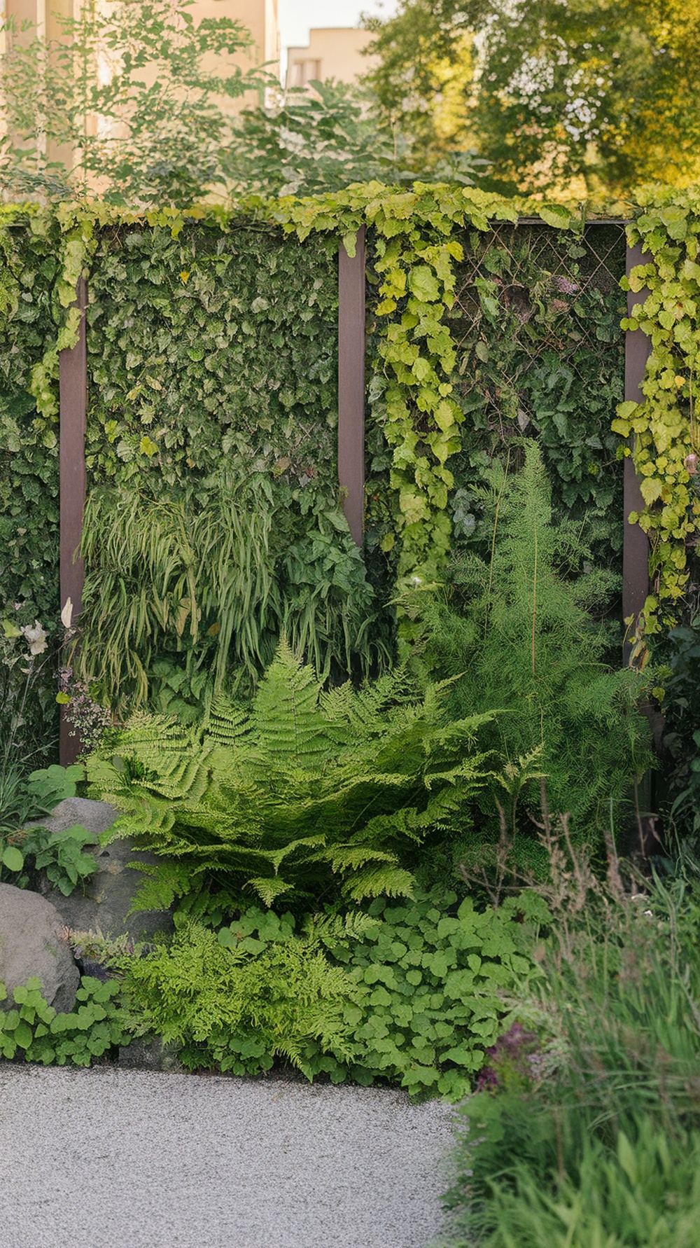 A lush living fence made of various green plants and ferns, providing privacy and beauty to the garden.