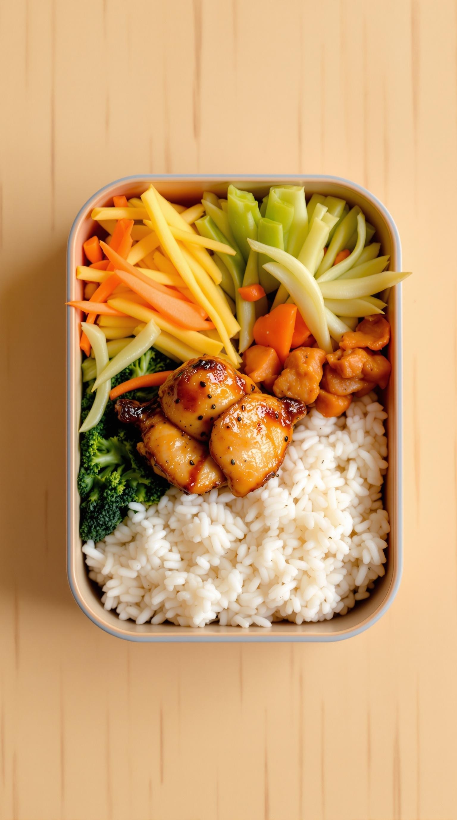 A bento box filled with rice, colorful veggies, and glazed chicken.