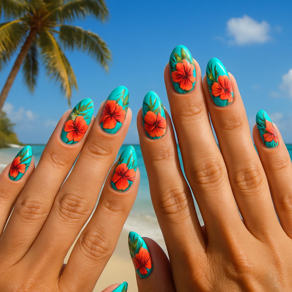 Nails with bold tropical hibiscus designs on a beach background