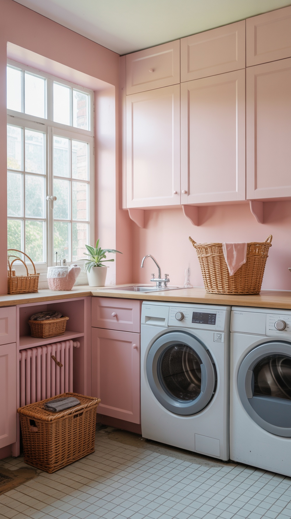 A bright laundry room with pink walls, wooden countertop, and natural light.