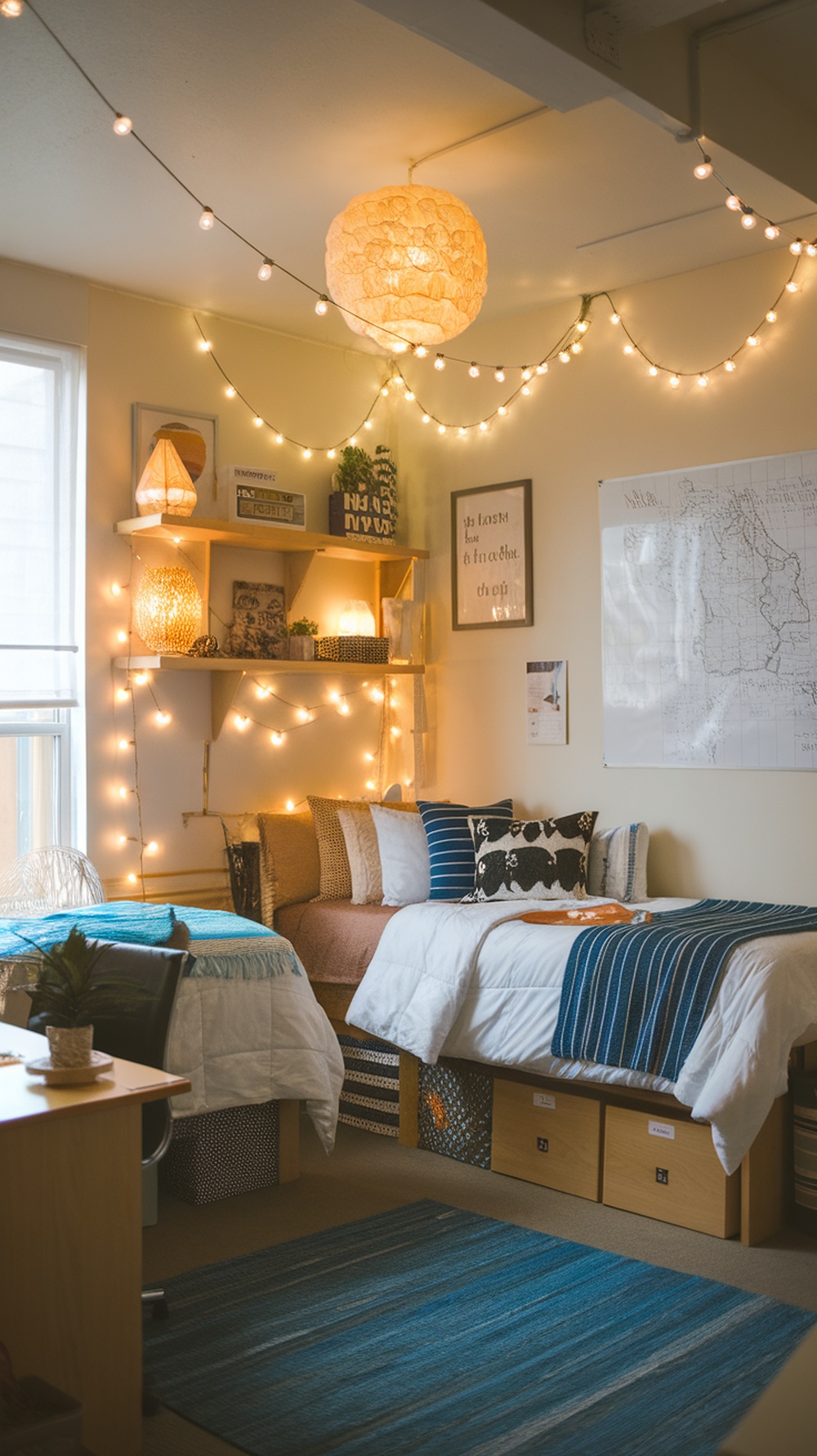 A cozy dorm room with warm lighting from string lights and a paper lantern.