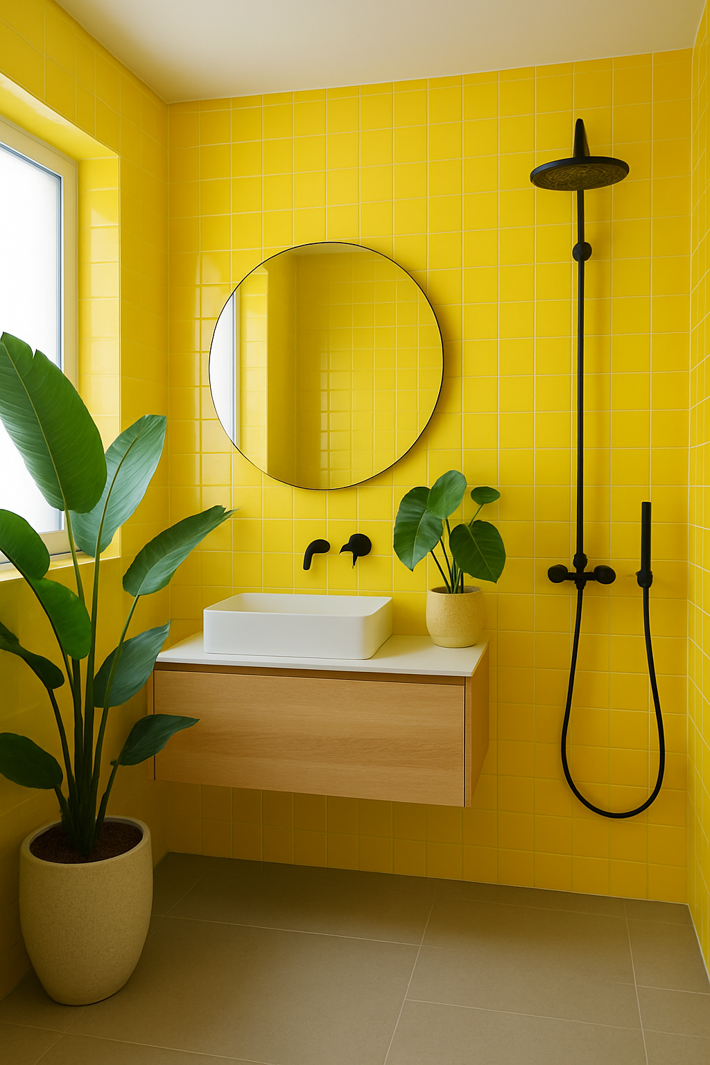 A bright yellow tiled bathroom with a round mirror, black fixtures, and green plants.