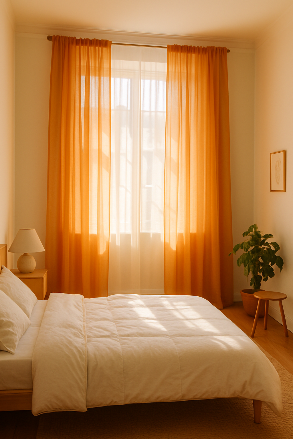 A cozy bedroom featuring bright orange curtains, a white bed, and a small plant.