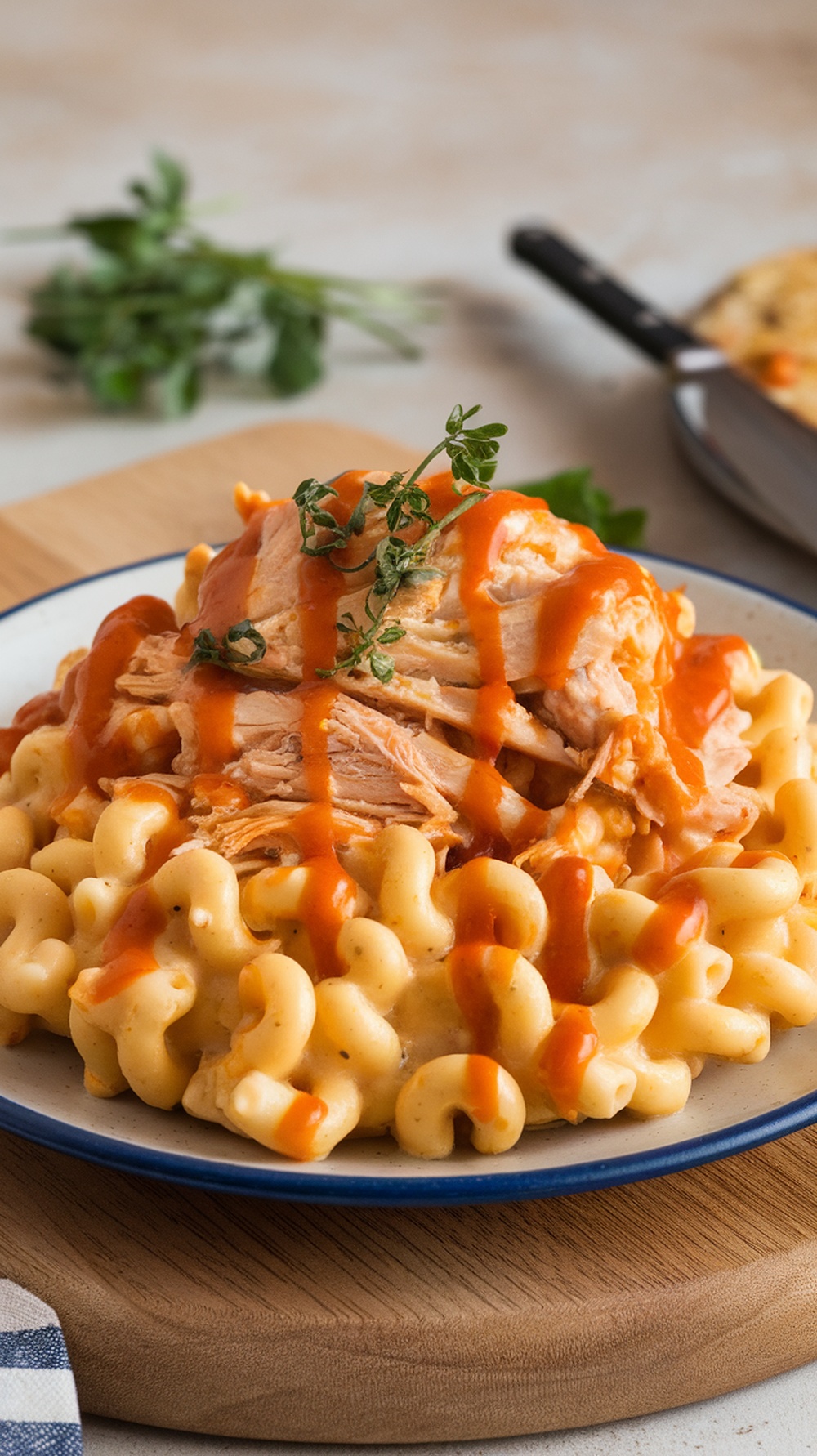 A plate of Buffalo Chicken Mac and Cheese topped with shredded chicken and buffalo sauce, garnished with fresh herbs.