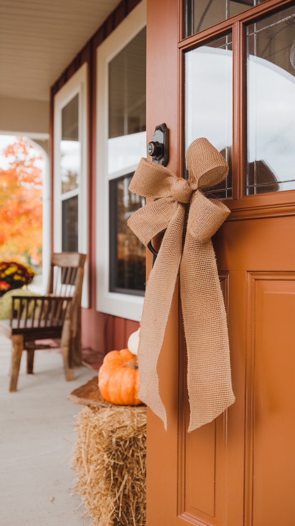 A burlap bow tied around a door knob on a fall-themed front door