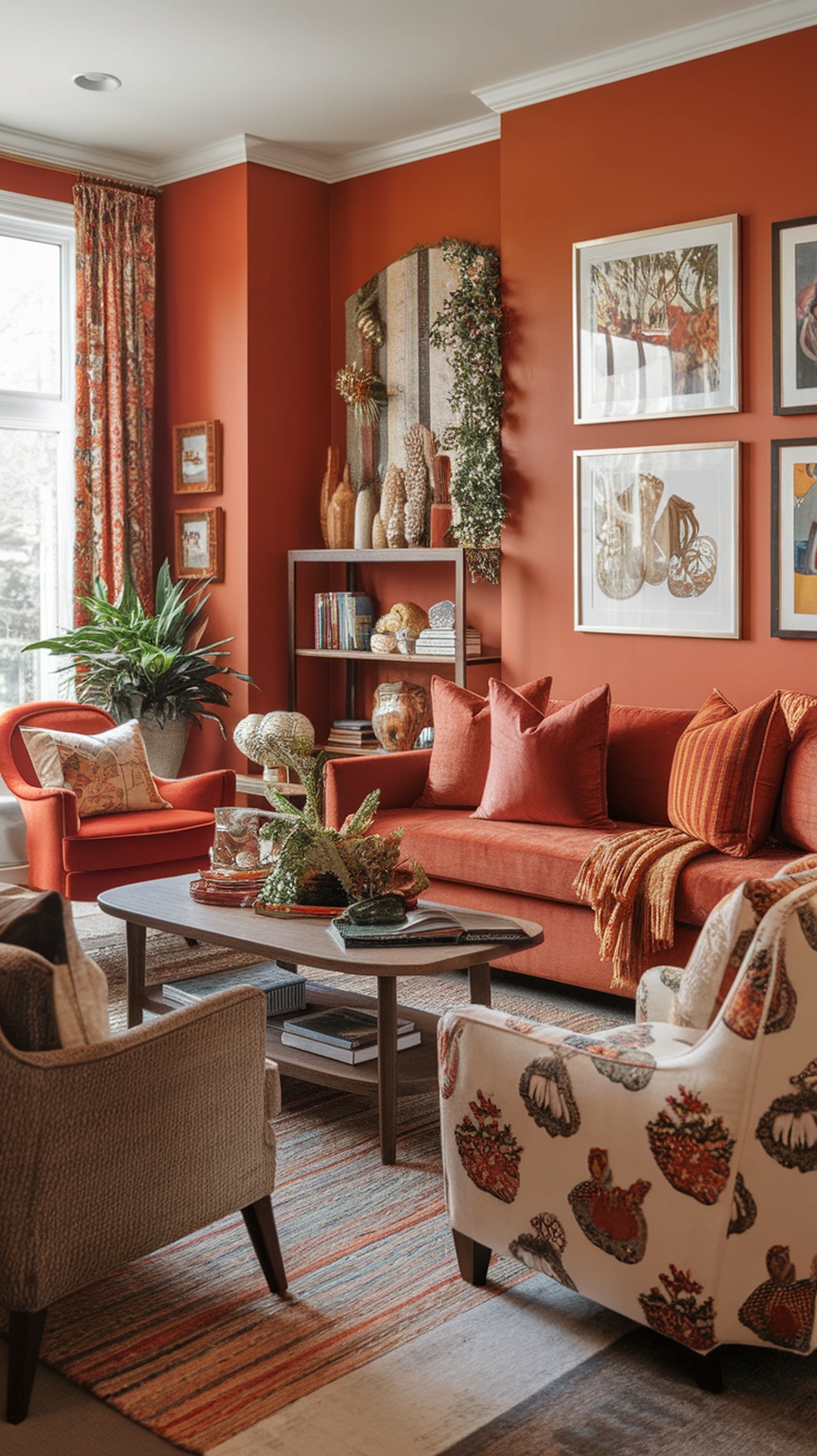 Cozy living room with burnt orange walls, matching sofa, and decorative accents