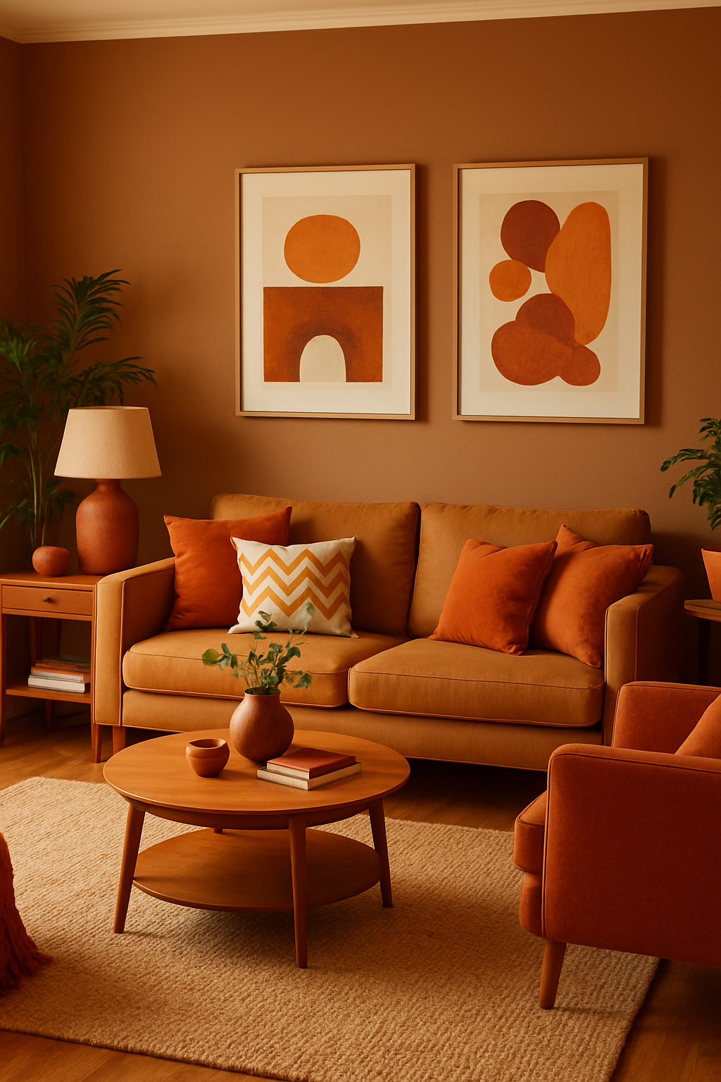 A warm living room featuring burnt sienna walls, a cozy sofa with orange pillows, and decorative artwork.