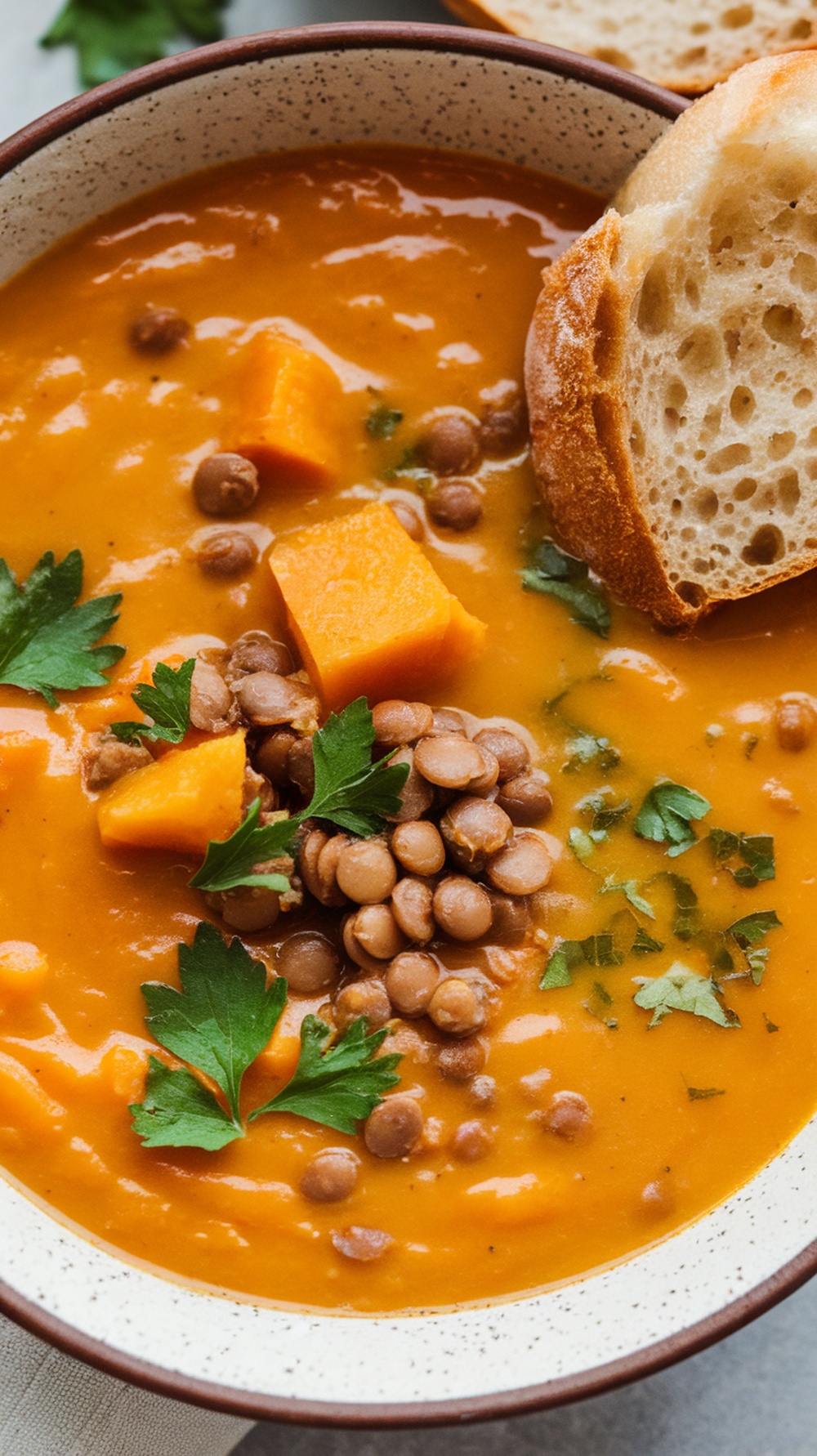 A bowl of butternut squash and lentil soup garnished with parsley and served with crusty bread.