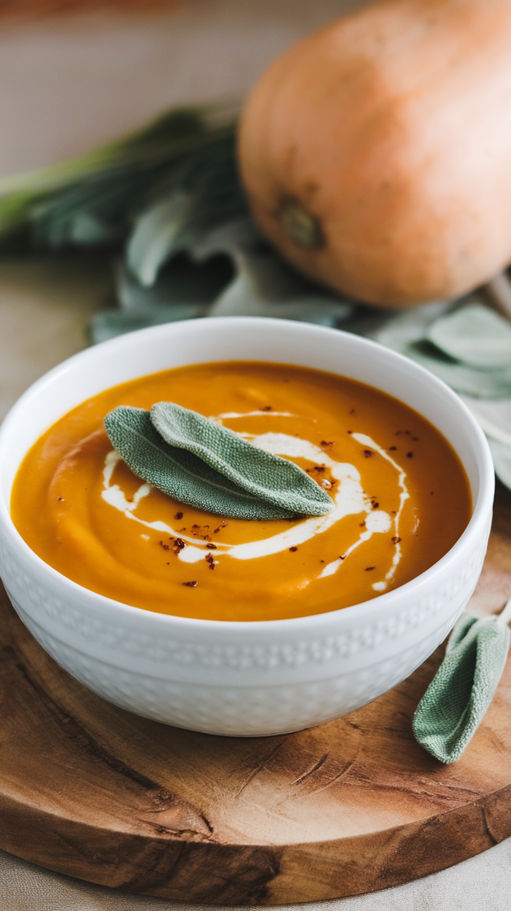 A bowl of butternut squash soup garnished with sage leaves and a swirl of cream, with a butternut squash in the background.