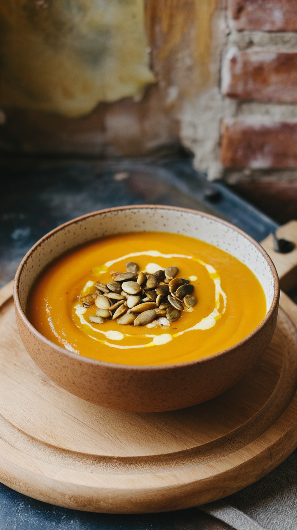 A bowl of butternut squash soup topped with toasted pumpkin seeds and a swirl of cream.