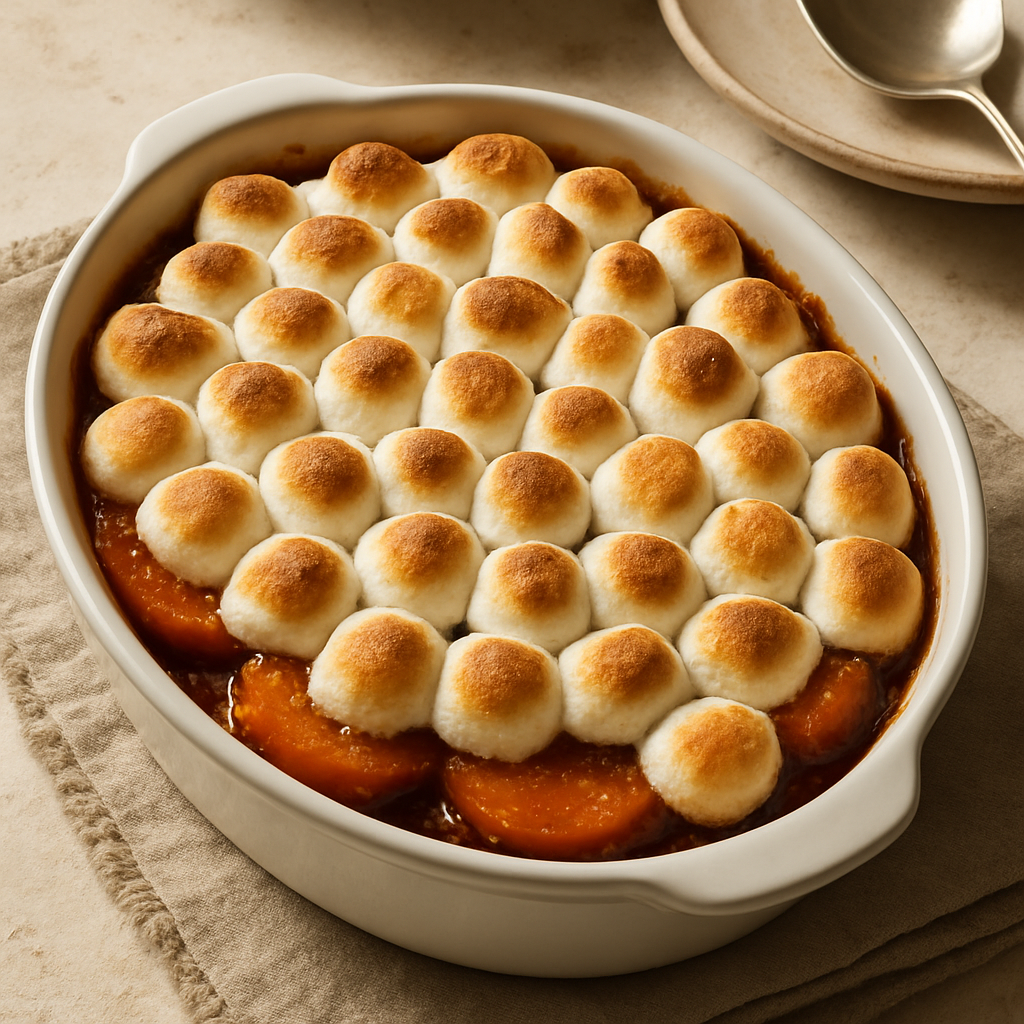 A casserole dish filled with candied sweet potatoes topped with toasted marshmallows.