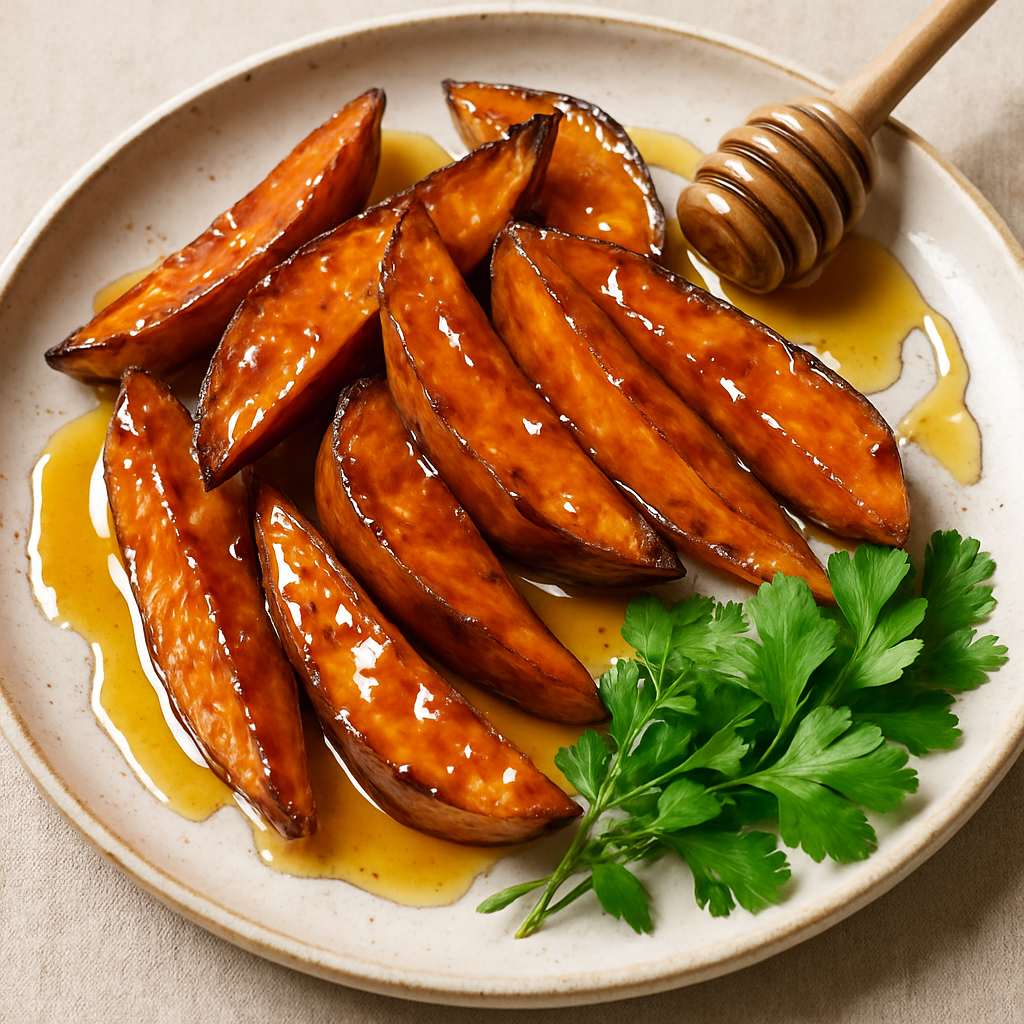 Candied sweet potato wedges drizzled with honey on a plate, garnished with parsley.