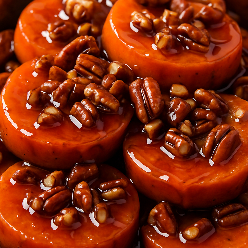 A close-up of candied sweet potatoes topped with pecans and maple syrup.