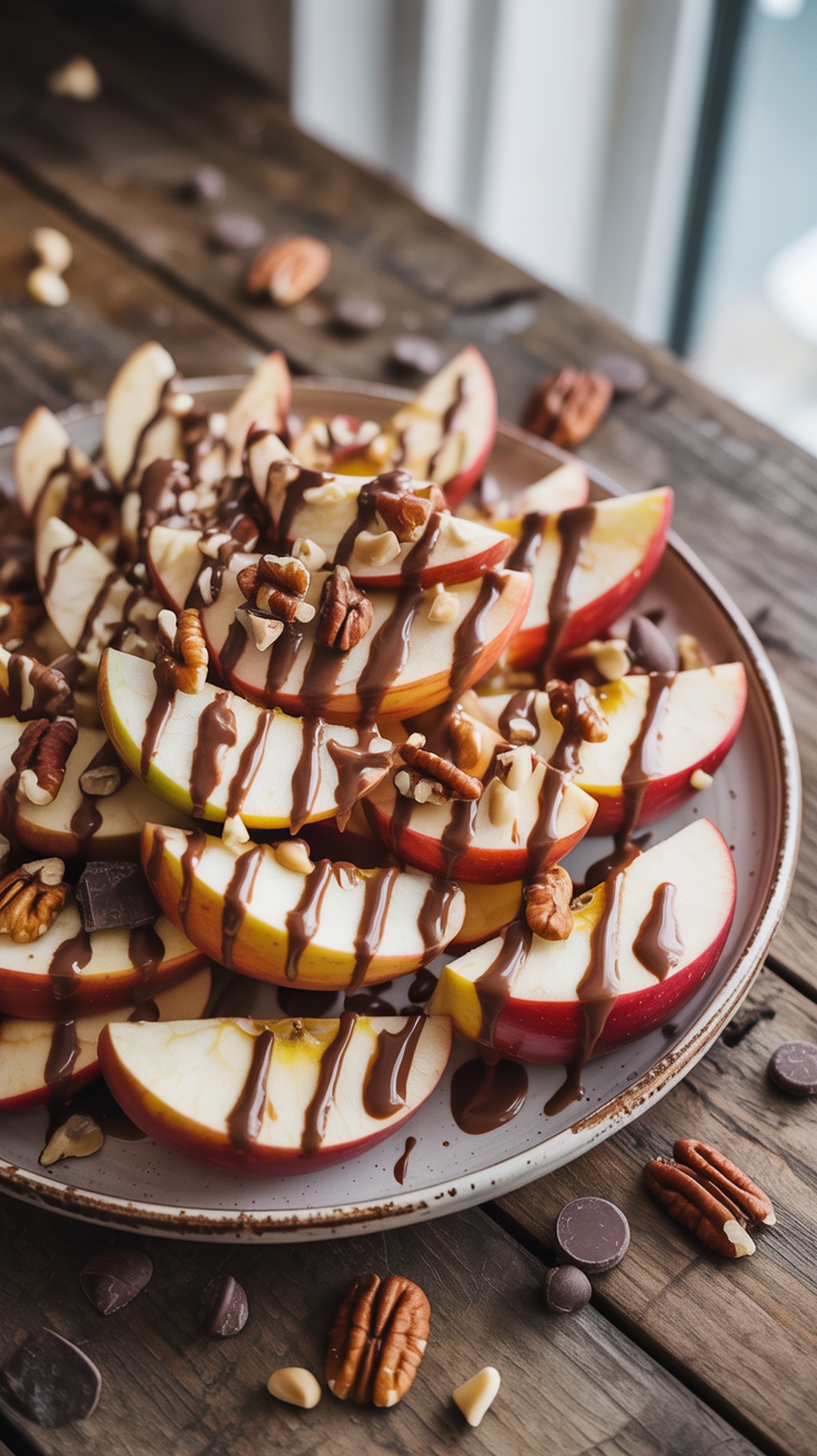 A plate of caramel apple nachos topped with nuts and chocolate drizzle, surrounded by fresh apples.