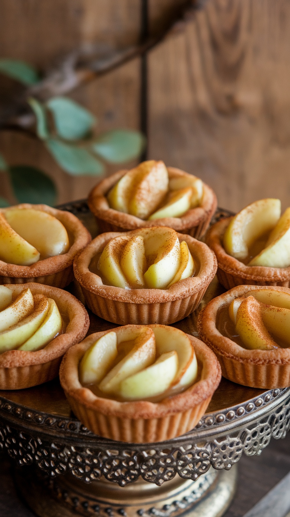 A plate of caramelized apple tarts with sliced apples and a sprinkle of cinnamon on top.