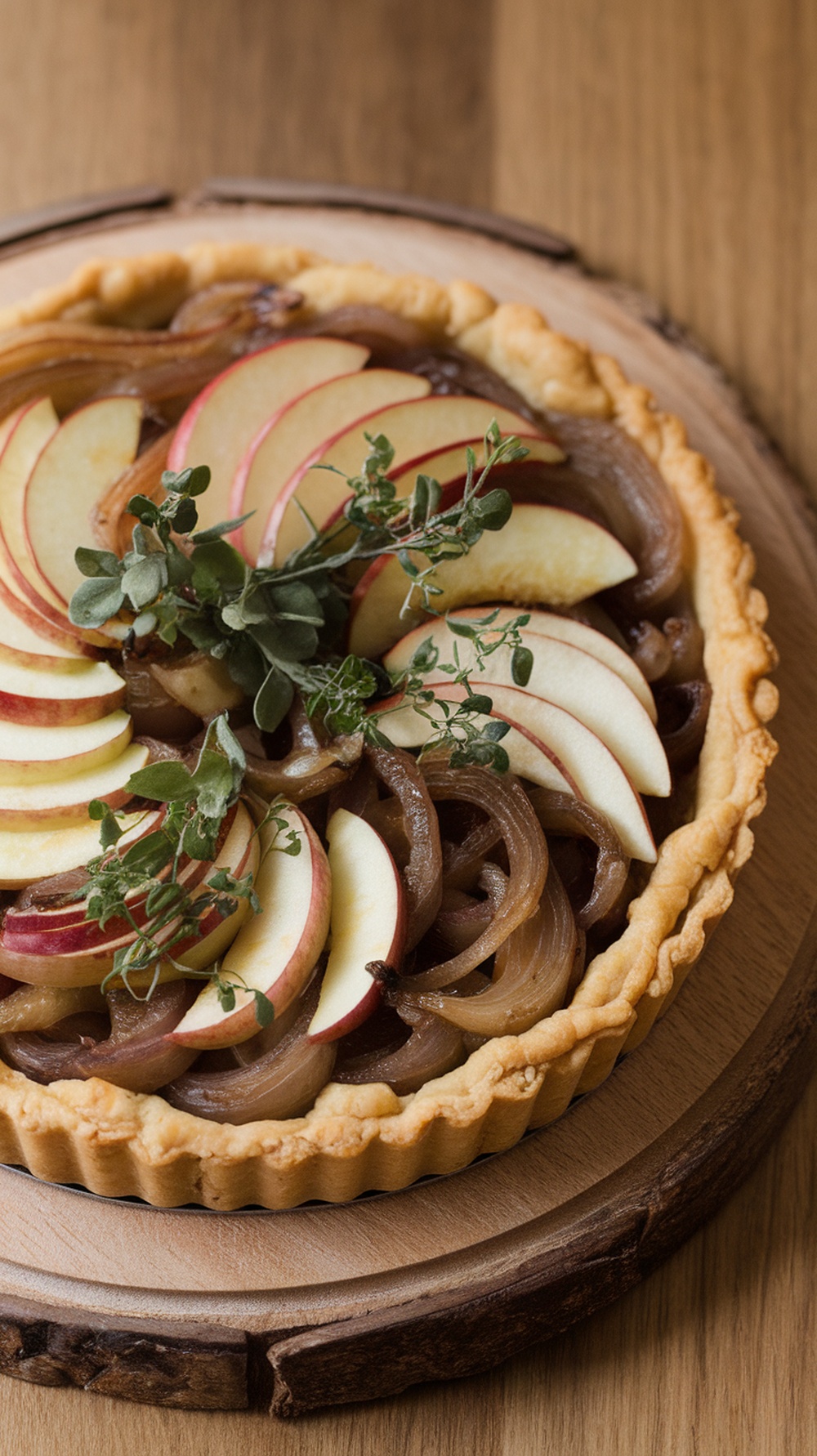 A caramelized onion and apple tart topped with fresh herbs, displayed on a wooden board.