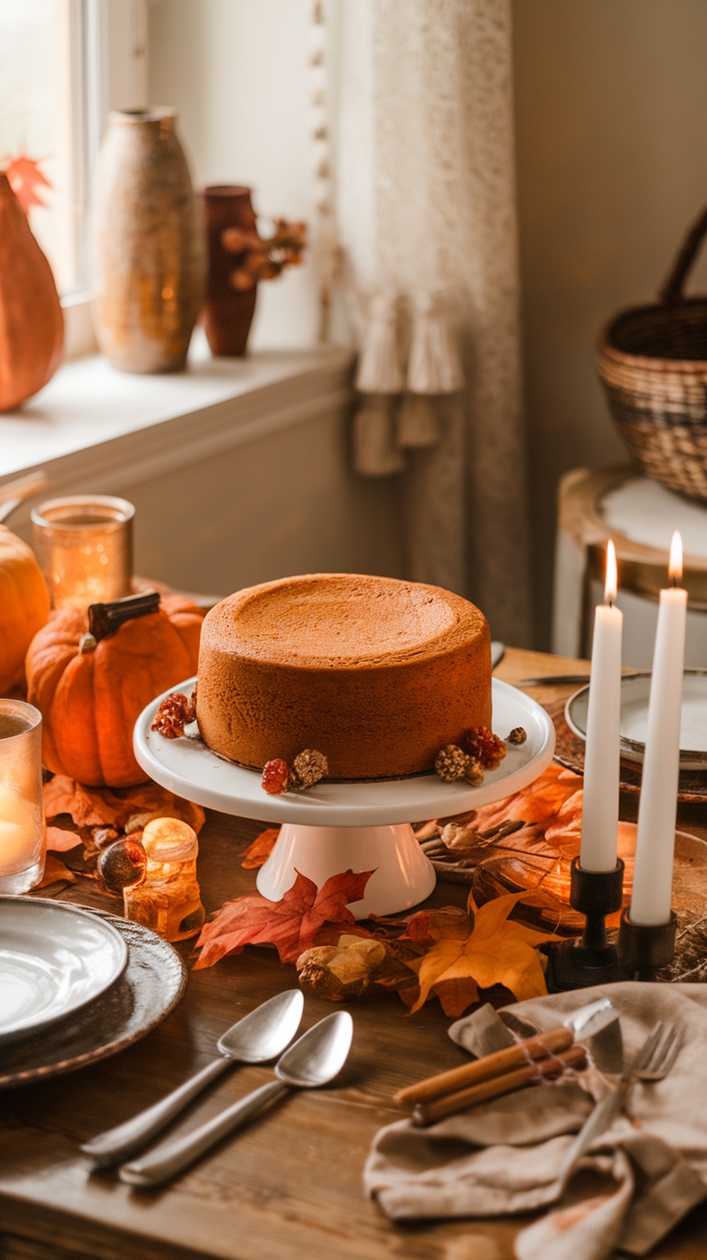 A pumpkin spice cake on a white pedestal surrounded by autumn decorations, including pumpkins and colorful leaves.