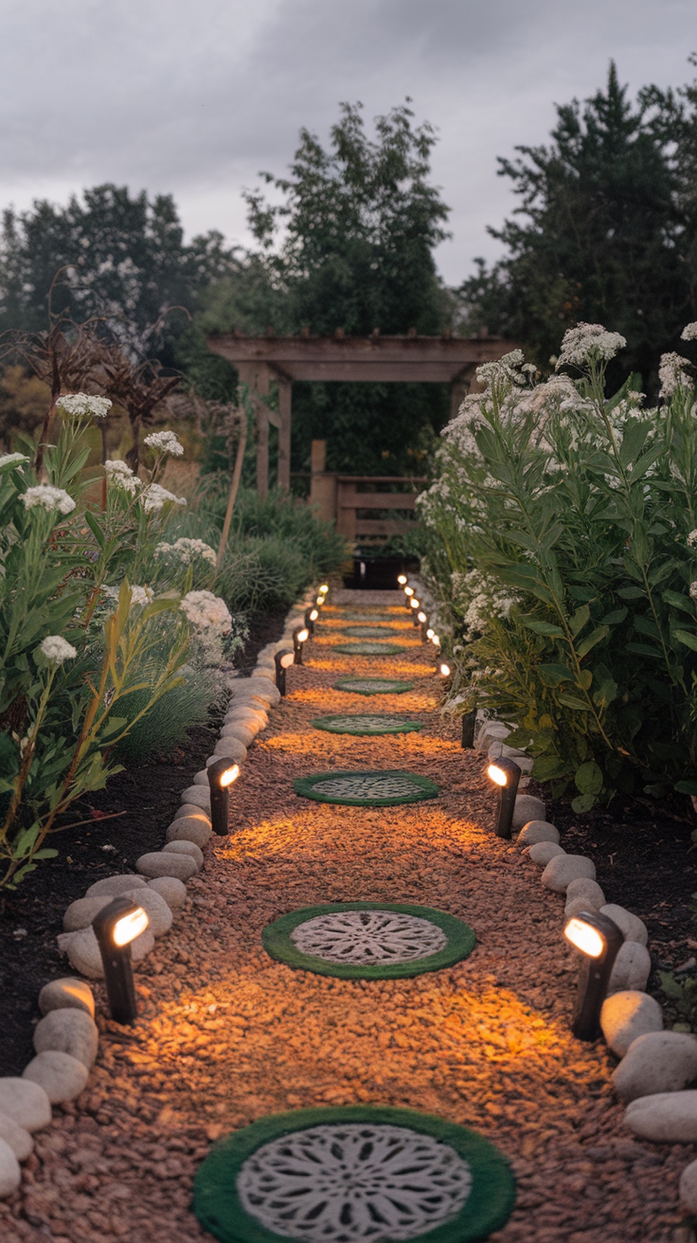 A beautifully lit garden pathway with decorative stones and greenery.
