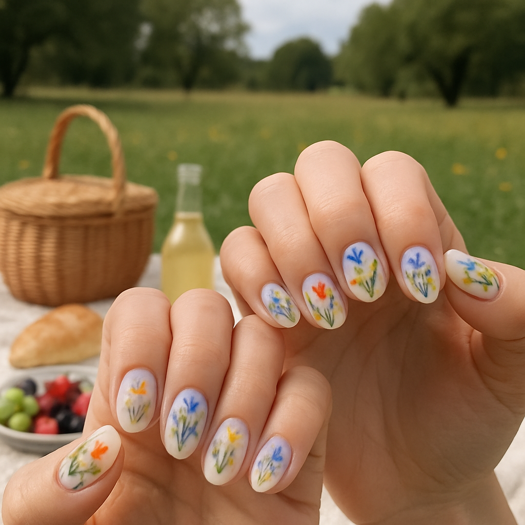 Floral fingernail designs on human hands with a picnic setting in the background