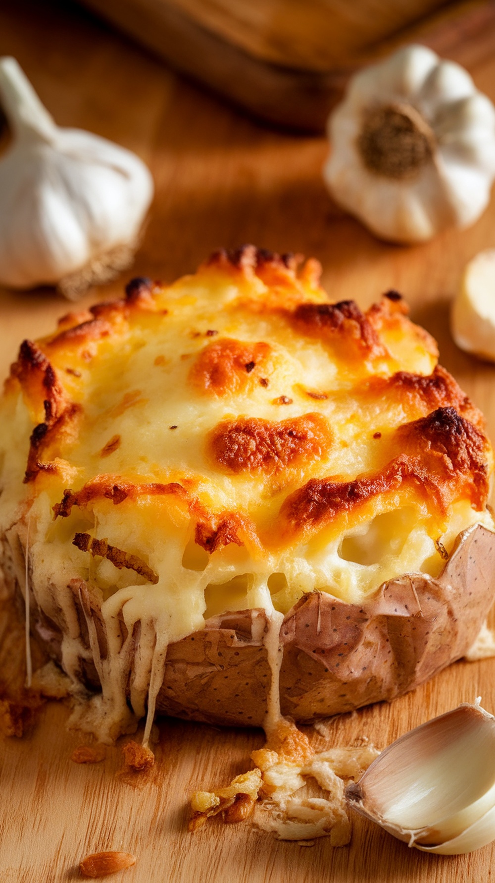 A close-up of cheesy garlic scalloped potatoes with a golden, crispy top and melted cheese, surrounded by garlic cloves.