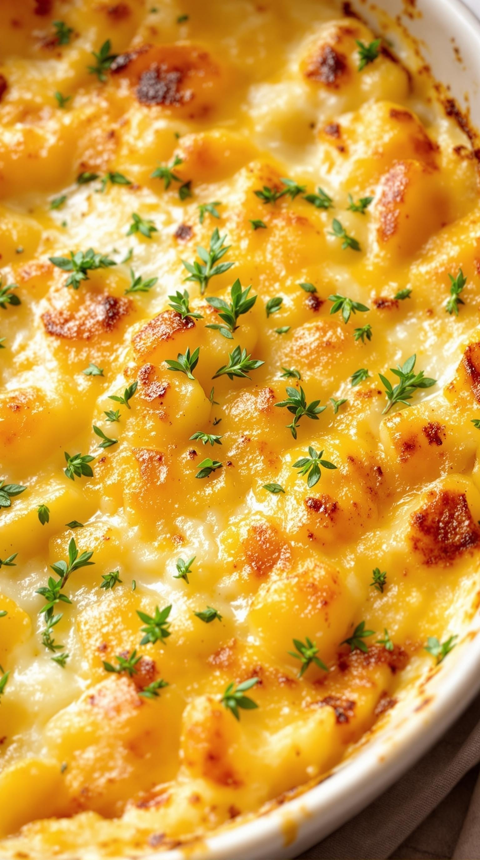 A close-up of cheesy potato gratin topped with fresh thyme, showing golden, bubbly cheese and creamy potatoes.
