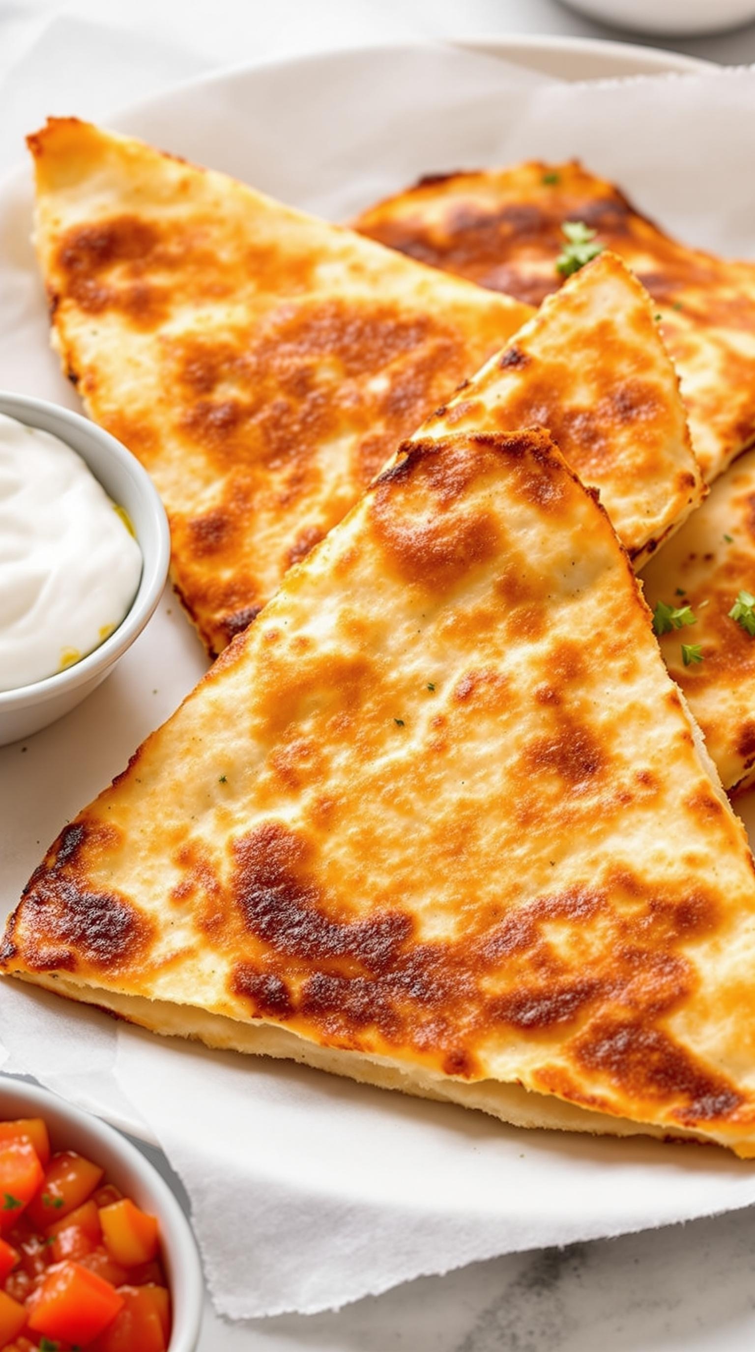 Golden brown cheesy quesadilla triangles served with sour cream and diced tomatoes