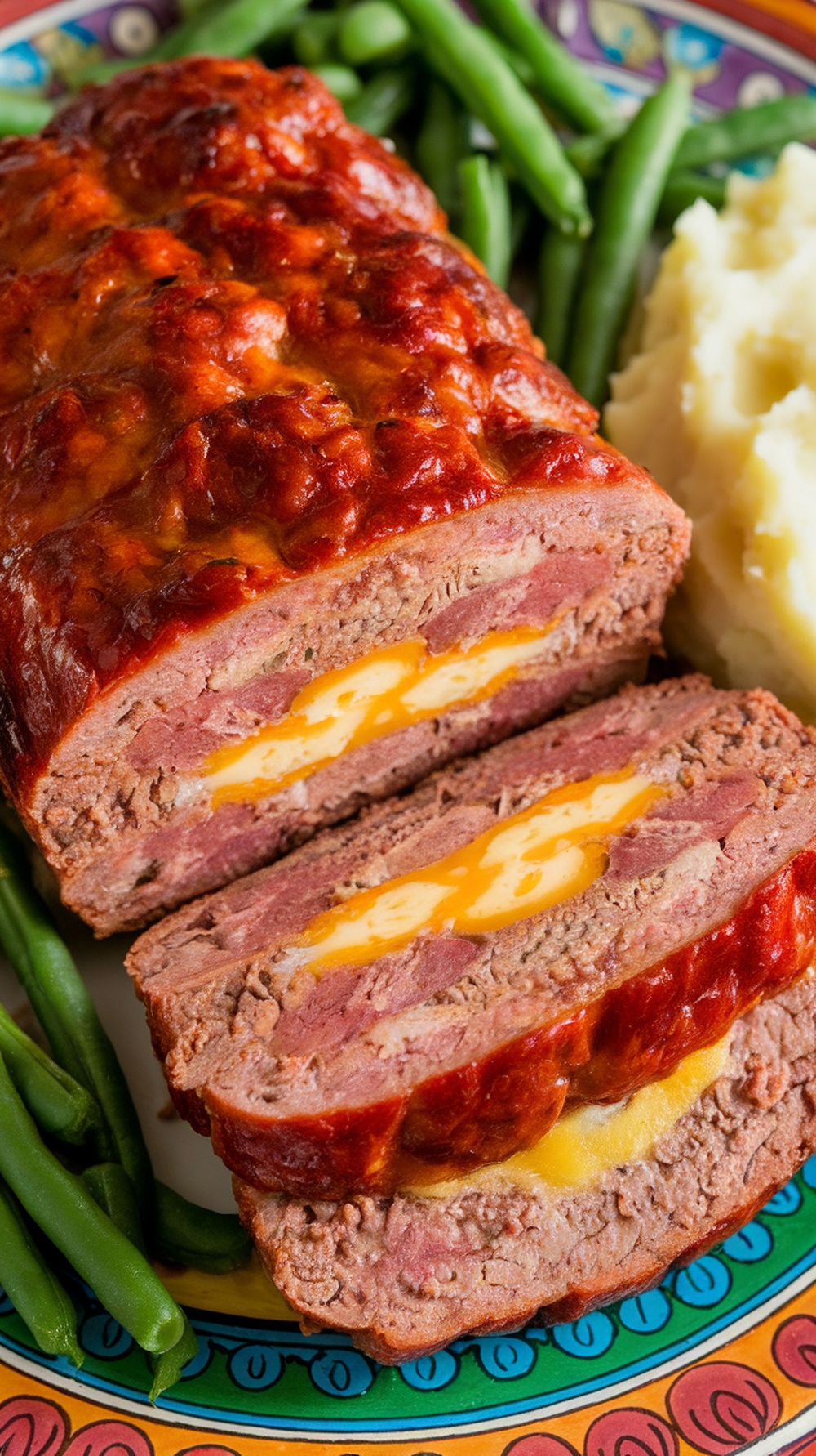A delicious cheesy stuffed meatloaf sliced to show the melted cheese inside, served with green beans and mashed potatoes.