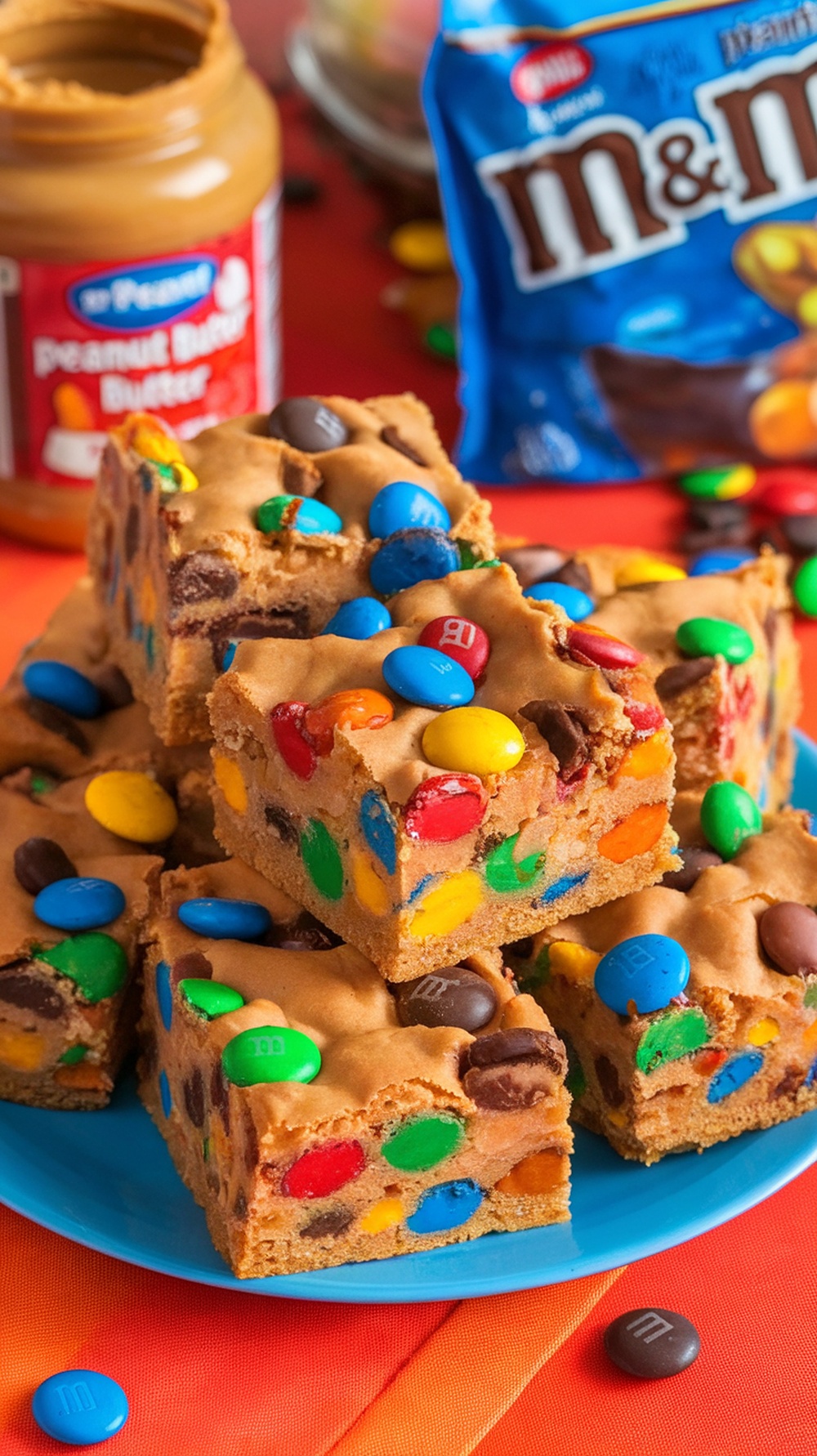 A plate of chewy peanut butter M&M blondies, colorful M&Ms scattered around.