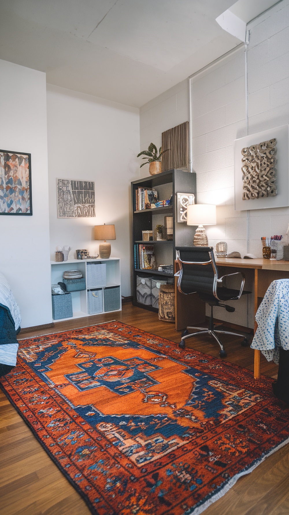 A stylish dorm room featuring a vibrant area rug with intricate patterns, a desk, and a bookshelf.