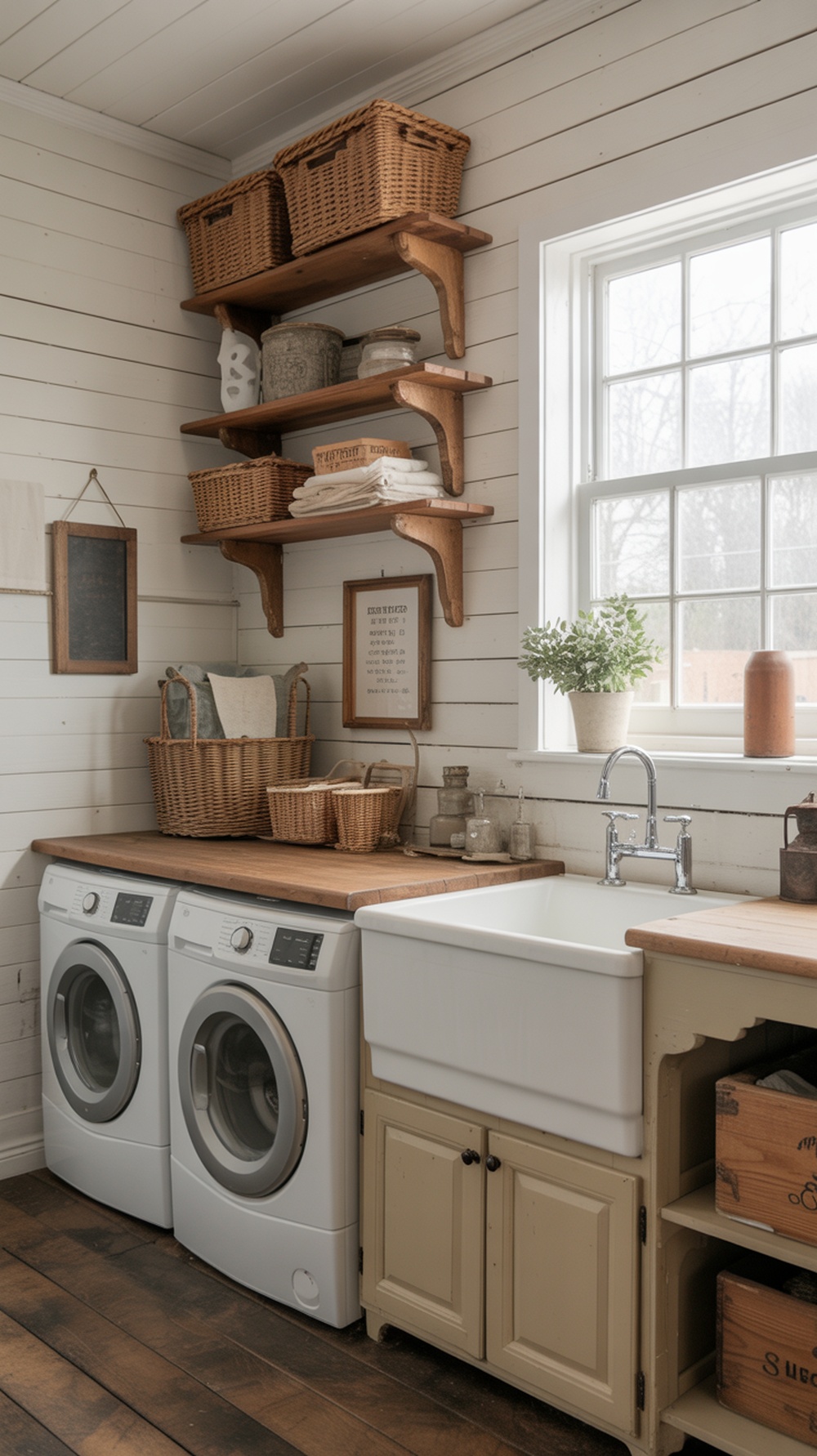 A stylish farmhouse laundry room with white shiplap walls, wooden shelves, and a farmhouse sink.