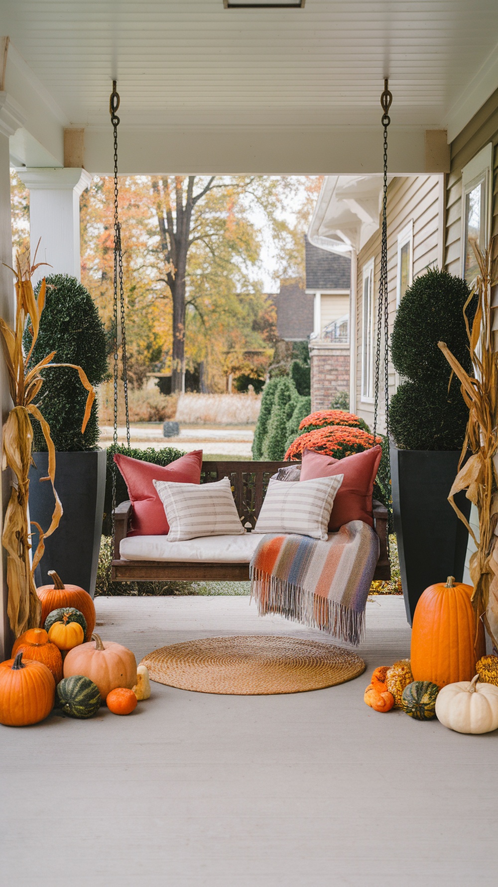 Cozy fall front porch with wicker sofa, pillows, pumpkins, and autumn decor.
