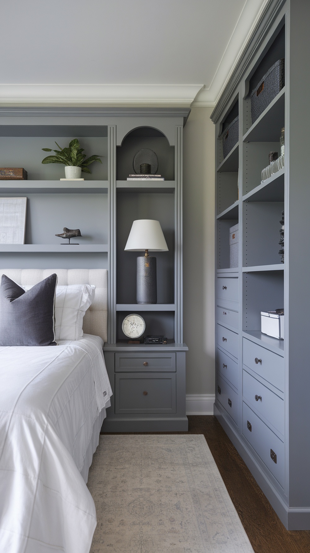 A cozy bedroom with built-in shelves and stylish storage solutions.