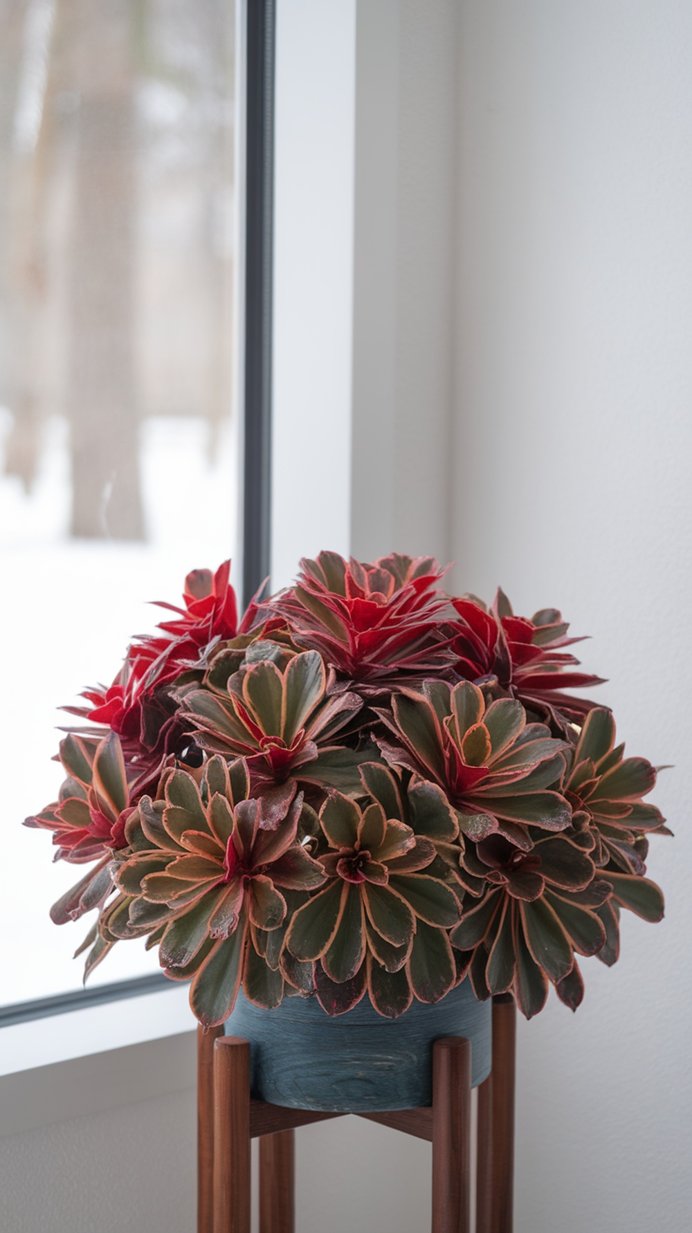A vibrant Chinese Evergreen plant with red and green leaves, placed near a window with a snowy view outside.