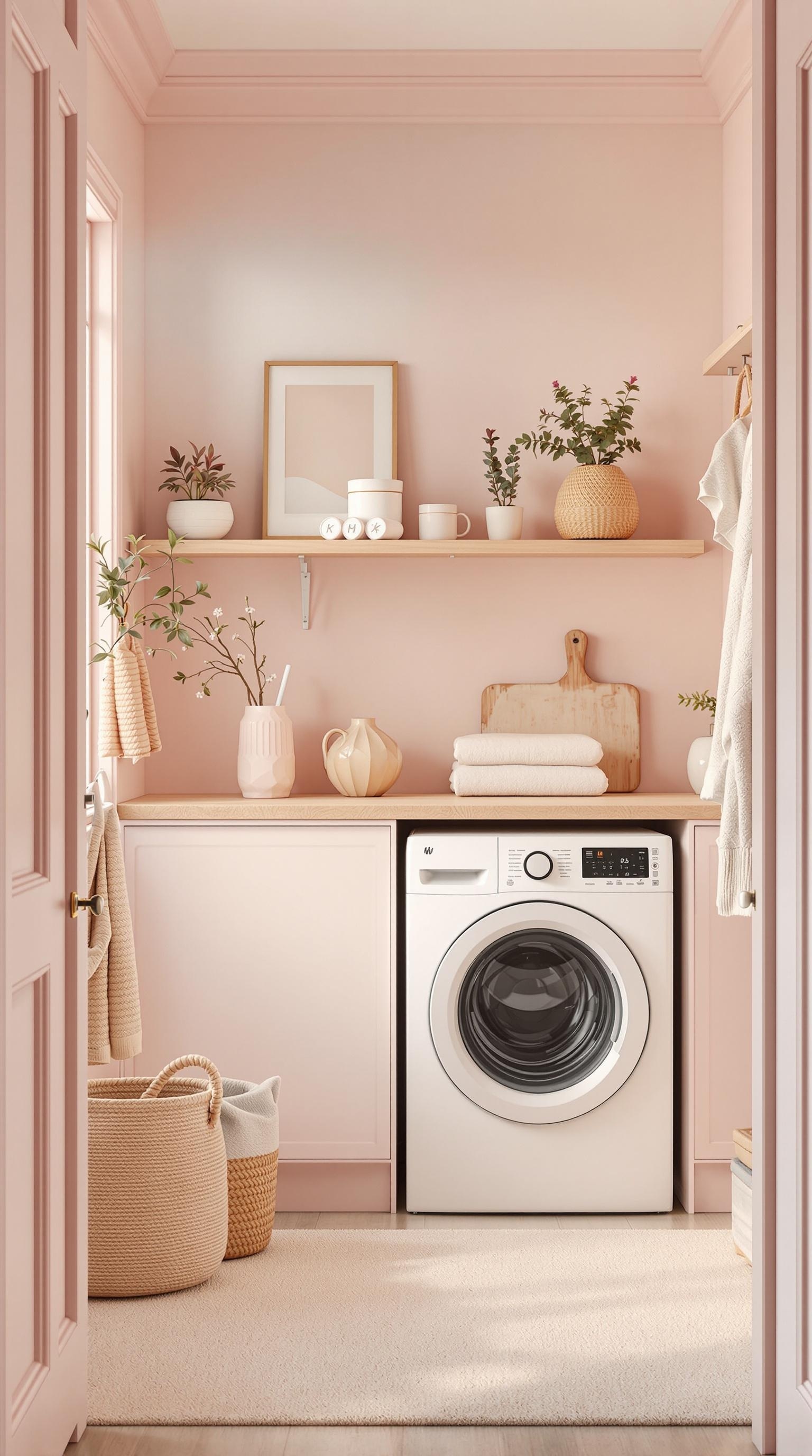 Stylish laundry room with soft pink walls, wooden shelves, and decorative plants.