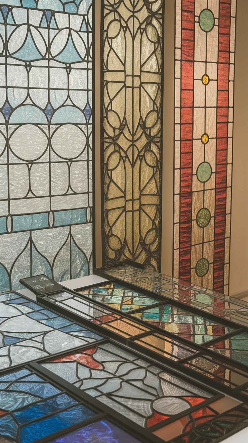 A collection of stained glass window films showcasing various designs and colors.