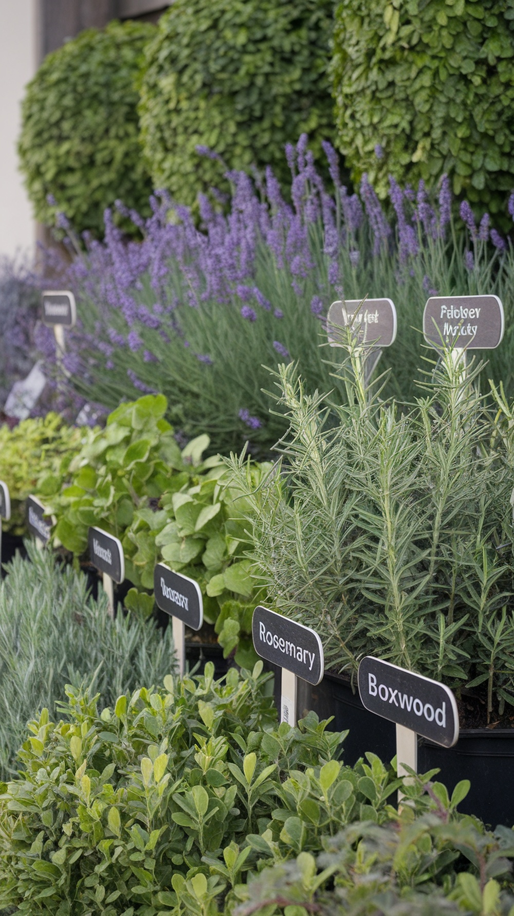 A variety of labeled plants including lavender, rosemary, and boxwood in a garden setting.