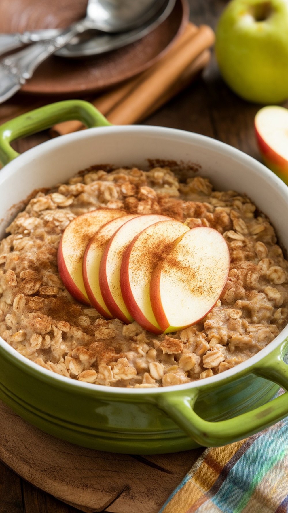 A baked oatmeal dish topped with apple slices and cinnamon in a green dish