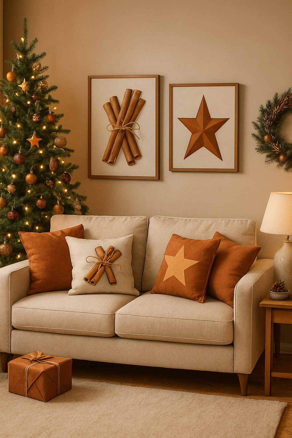 A cozy living room decorated with cinnamon spice decor, featuring a couch with warm-toned pillows, wall art of cinnamon sticks and a star, a Christmas tree, and a gift box.