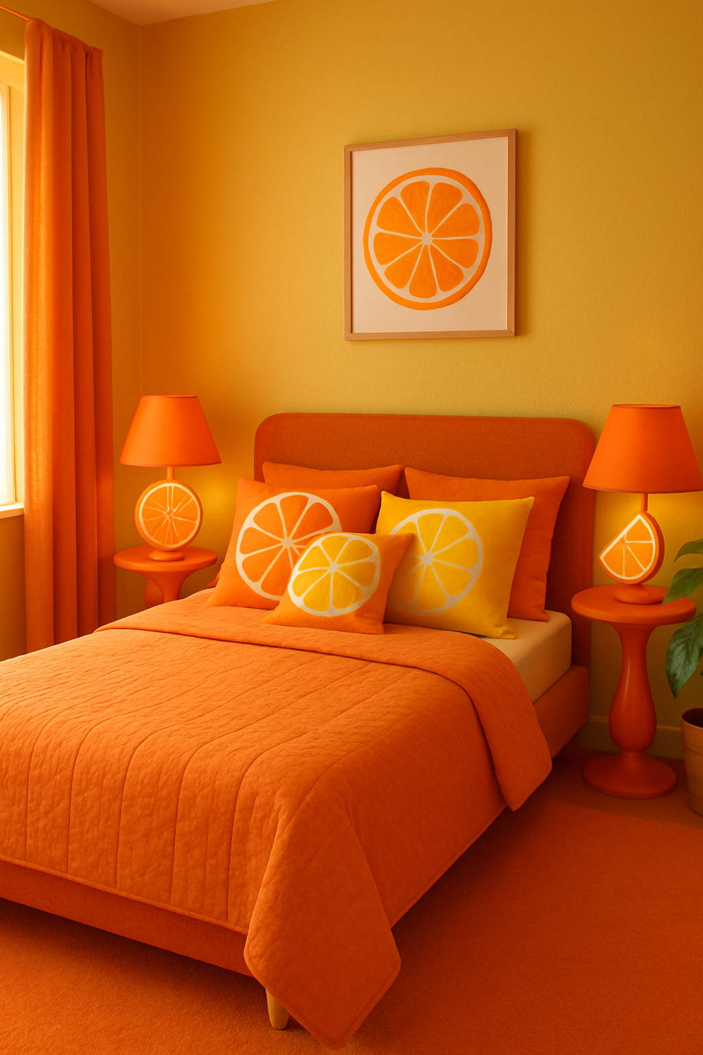 A bright orange bedroom featuring citrus-themed accessories, including pillows and lamps.