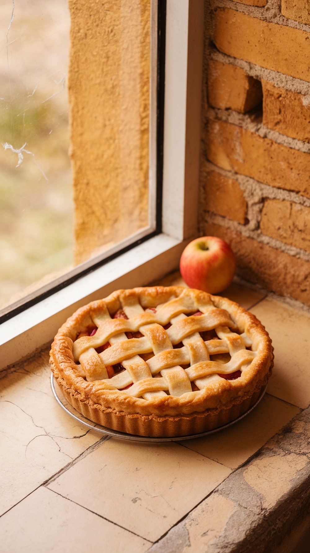 A freshly baked apple pie with a lattice crust sitting on a windowsill, next to a red apple.