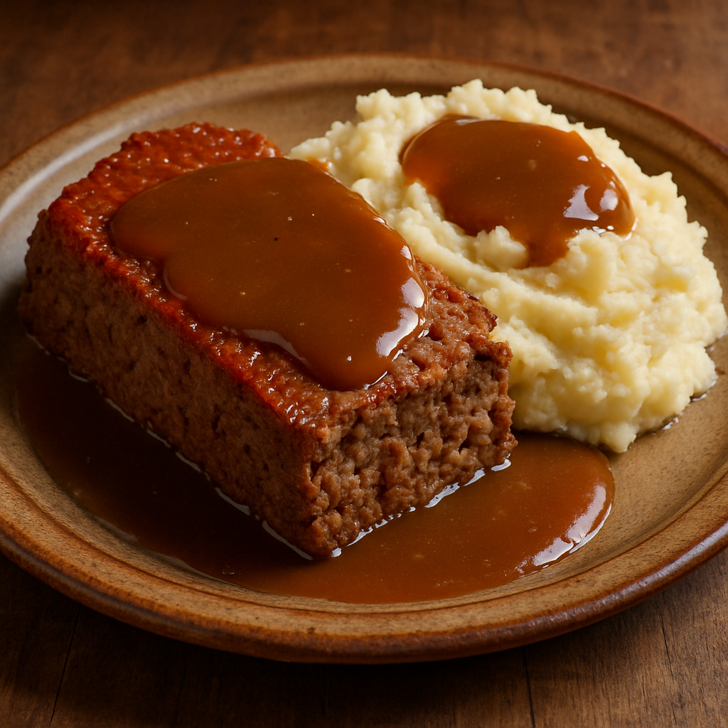 A slice of meatloaf with gravy on a plate next to mashed potatoes.