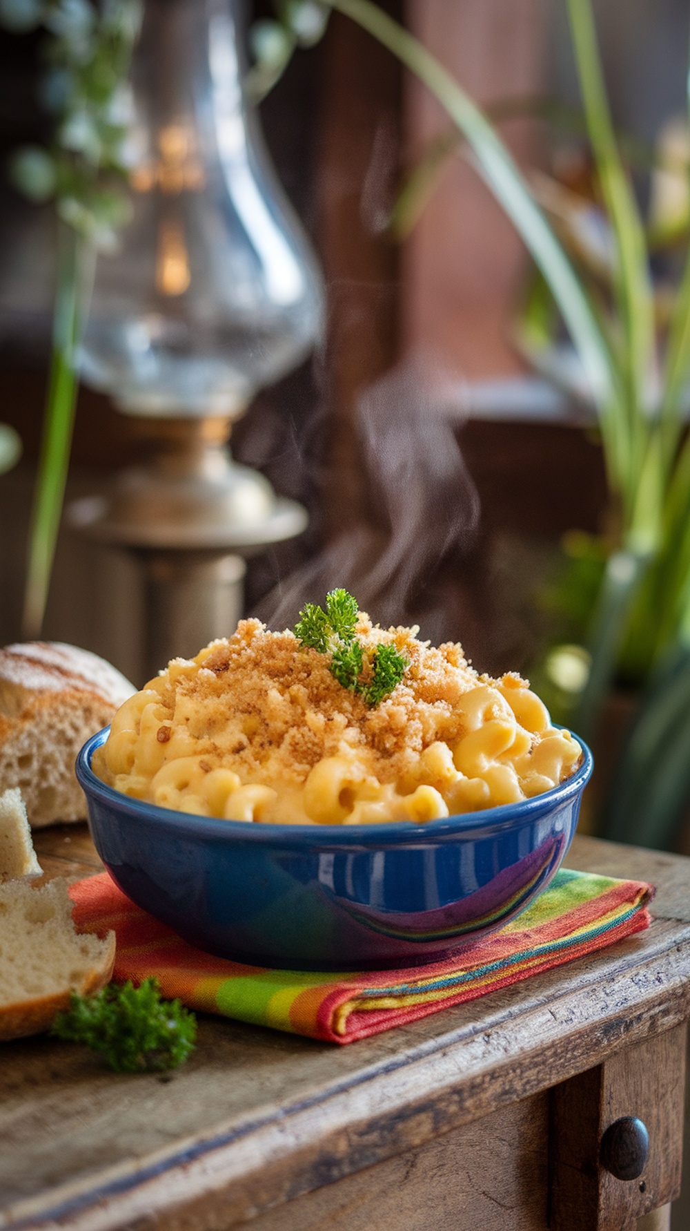 A bowl of creamy mac and cheese with breadcrumbs and parsley, served on a colorful napkin.