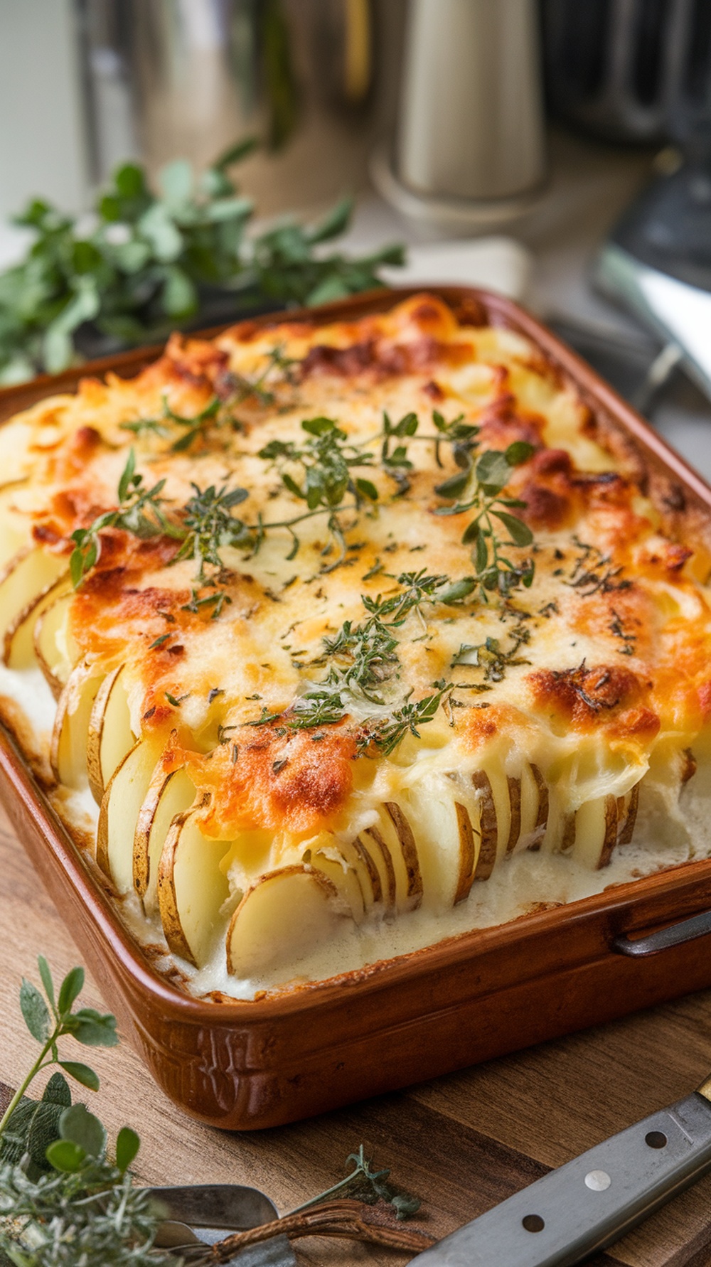 A casserole dish of creamy scalloped potatoes topped with cheese and herbs.