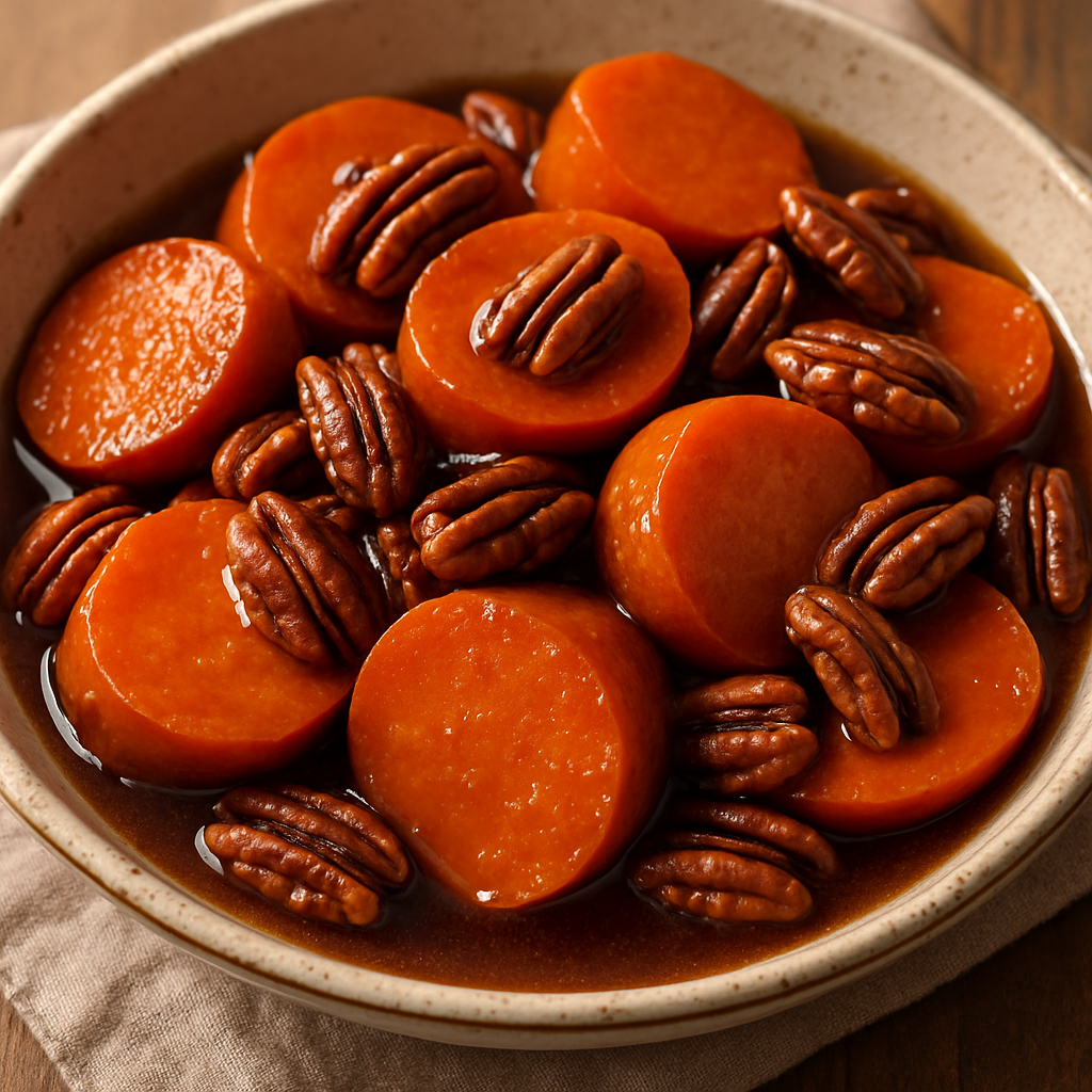 A bowl of classic Southern candied sweet potatoes with pecans