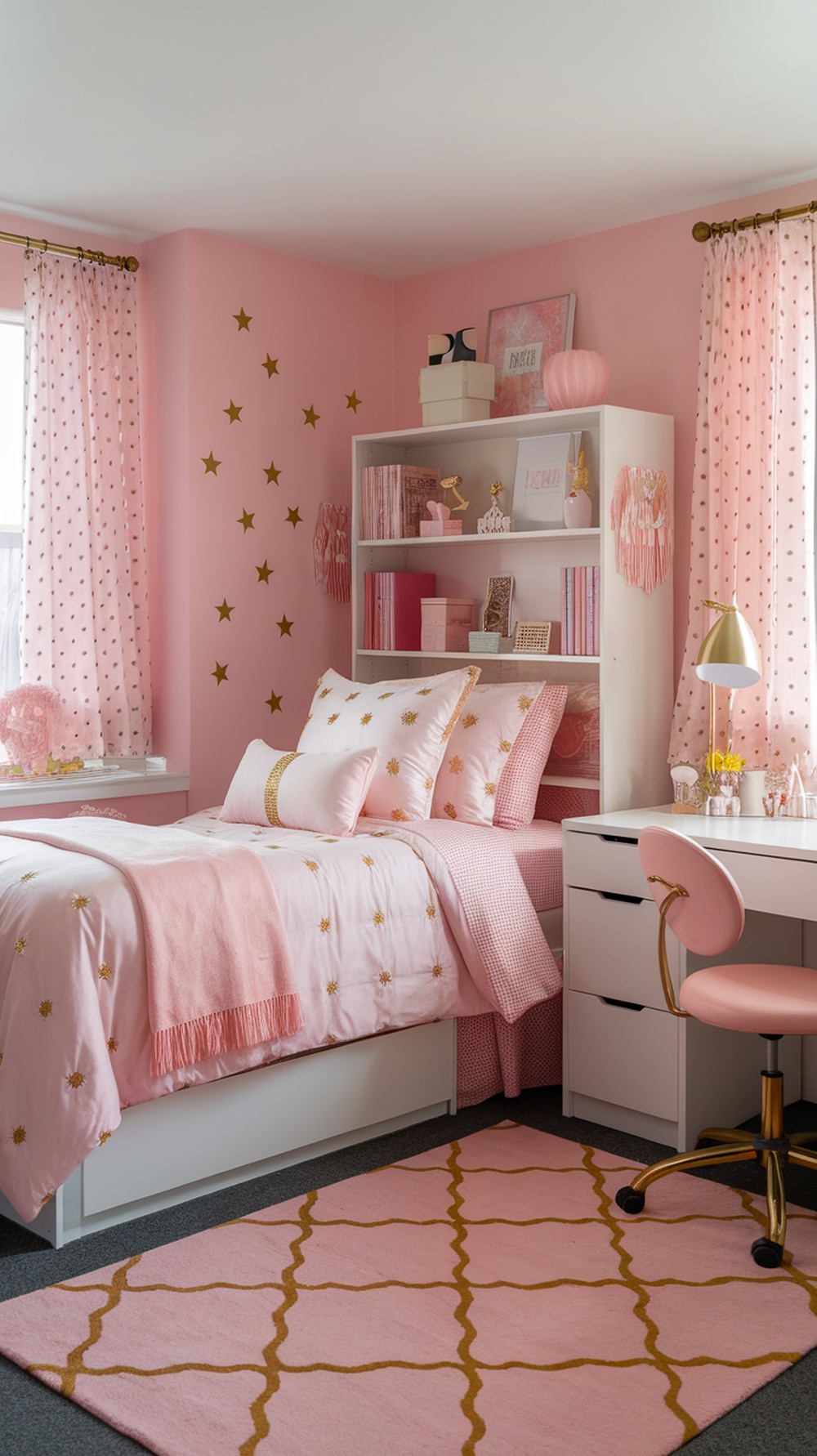 A cozy pink-themed dorm room with gold accents, featuring a bed, desk, and decorative elements.