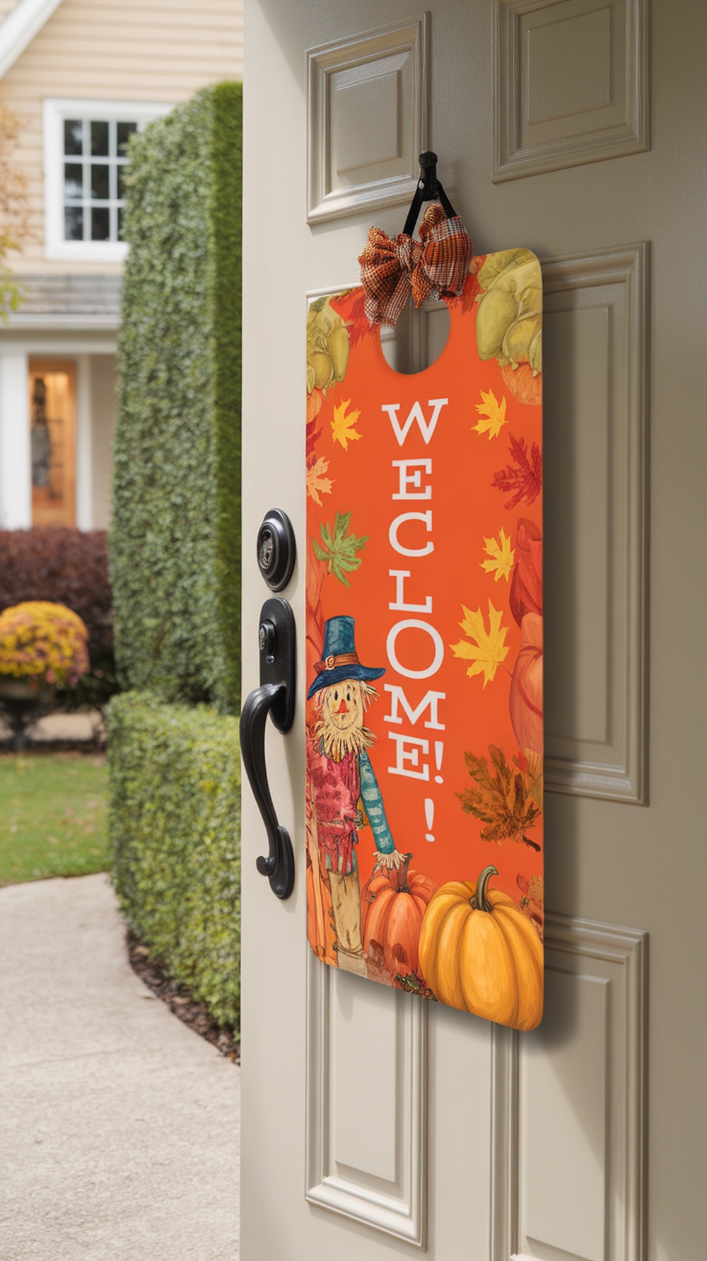 Colorful fall door hanger with a scarecrow and pumpkins