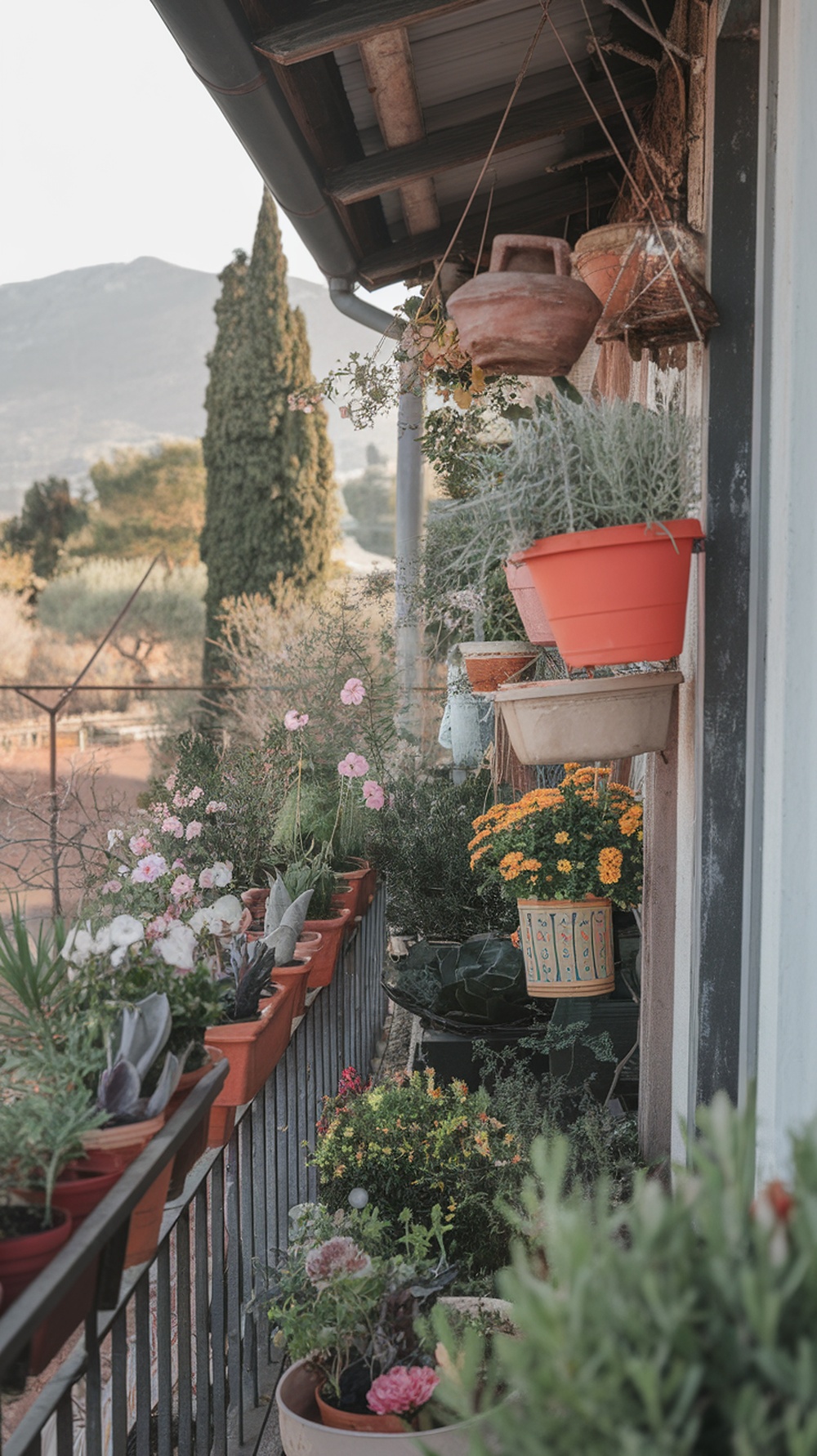 A balcony filled with colorful planters and various plants, showcasing a vibrant and lively atmosphere.