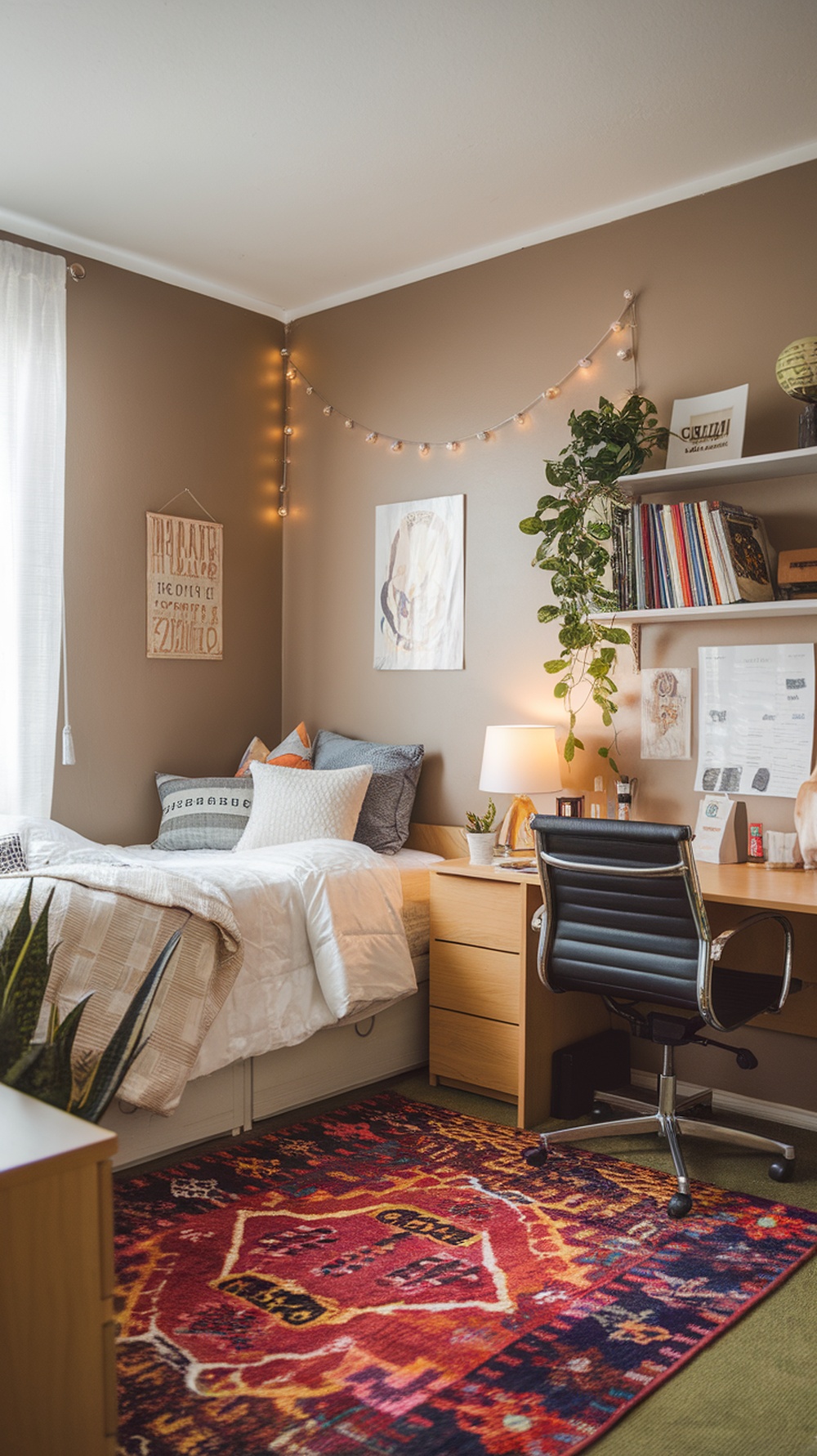 A cozy dorm room featuring a colorful rug, a bed with pillows, a desk, and plants.