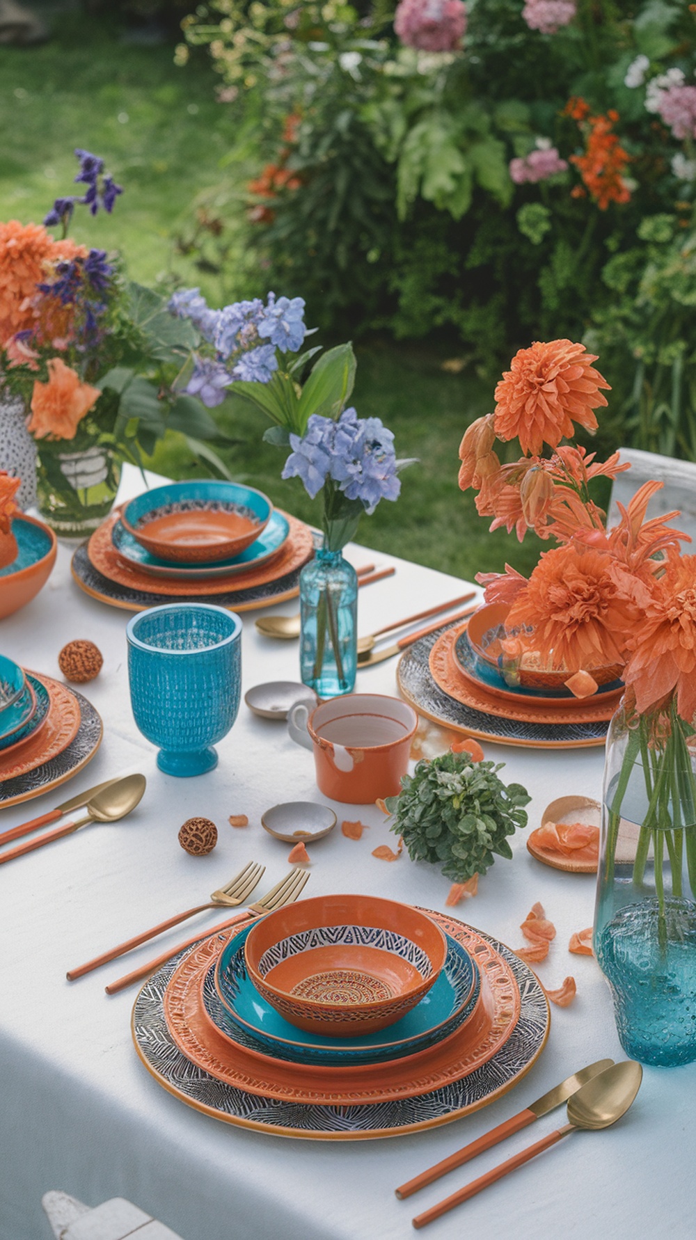 A vibrant table setting with colorful dishes, glasses, and flowers in a backyard setting.